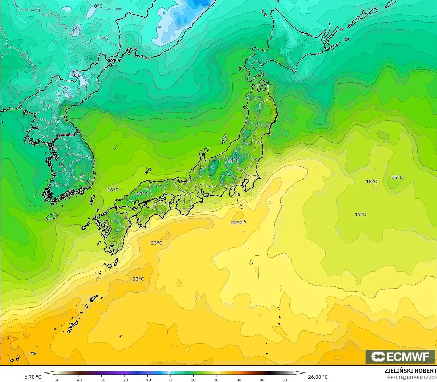ECMWF IFS 0.25° model - Japan, Temperature at 2m