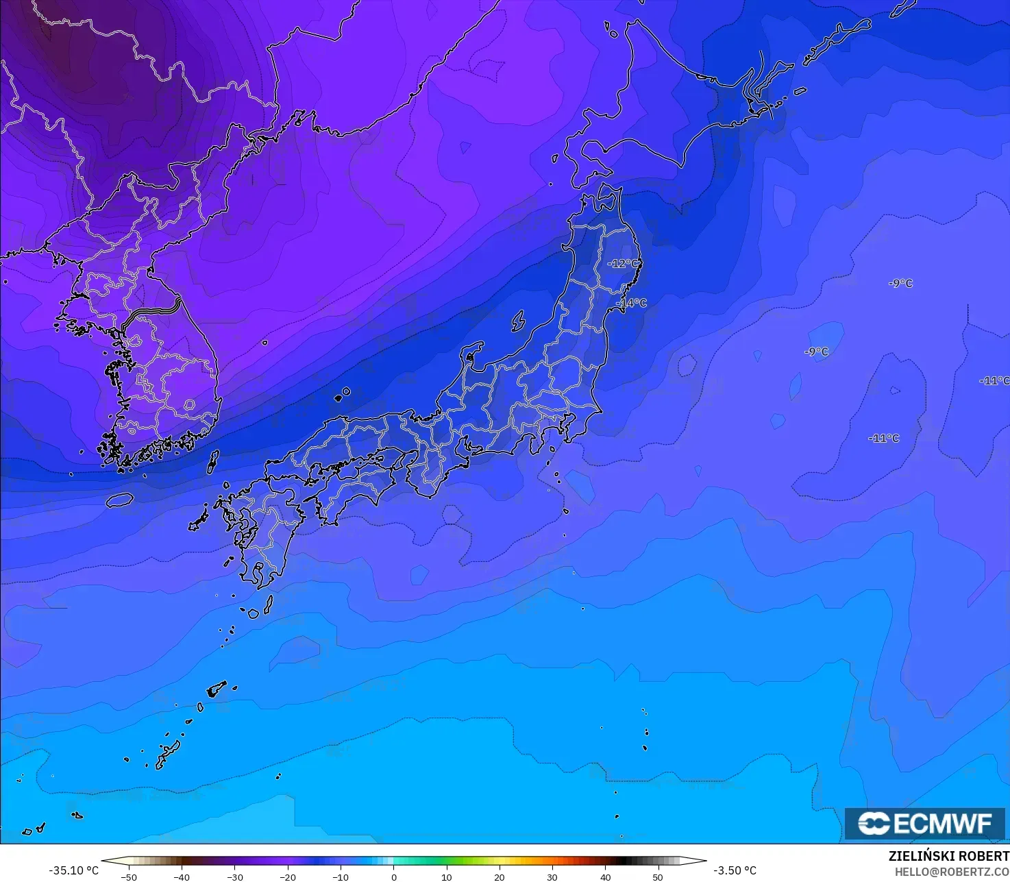 ECMWF IFS 0.25° model - Japan, Temperature at 500hPa