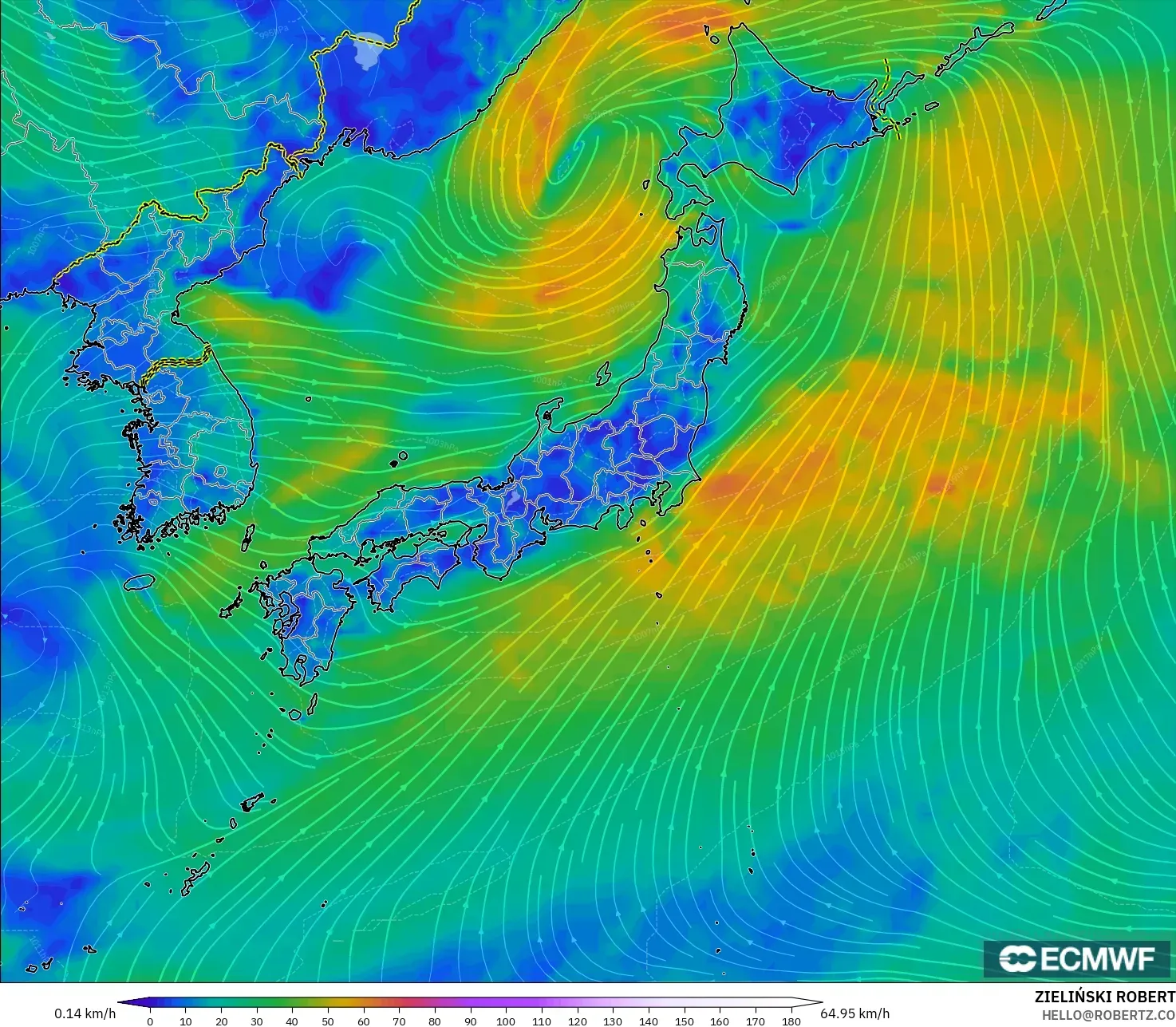 ECMWF IFS 0.25° model - Japan, Wind at 10m