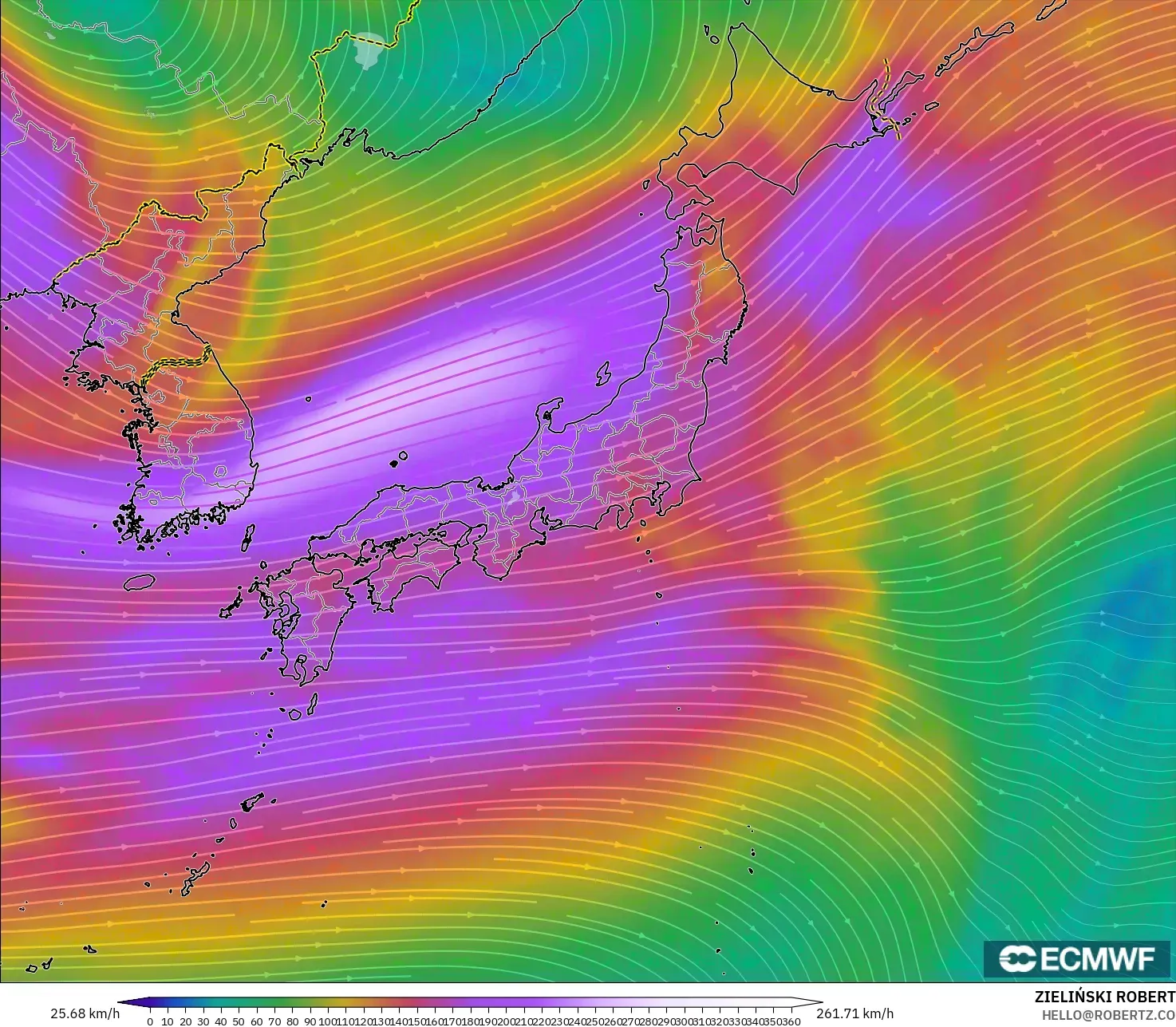 ECMWF IFS 0.25° model - Japan, Wind at 300hPa (jet stream)