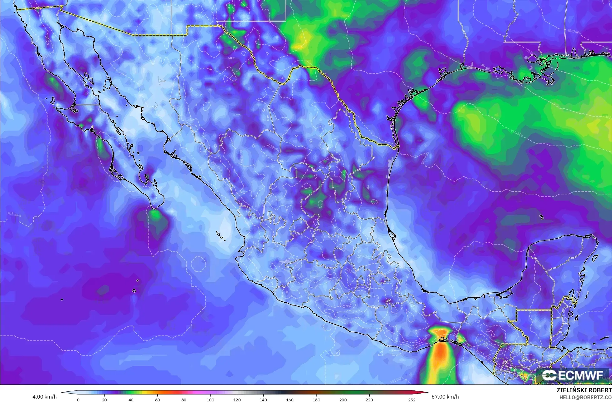 ECMWF IFS 0.25° model - Mexico, Wind Gusts Peak