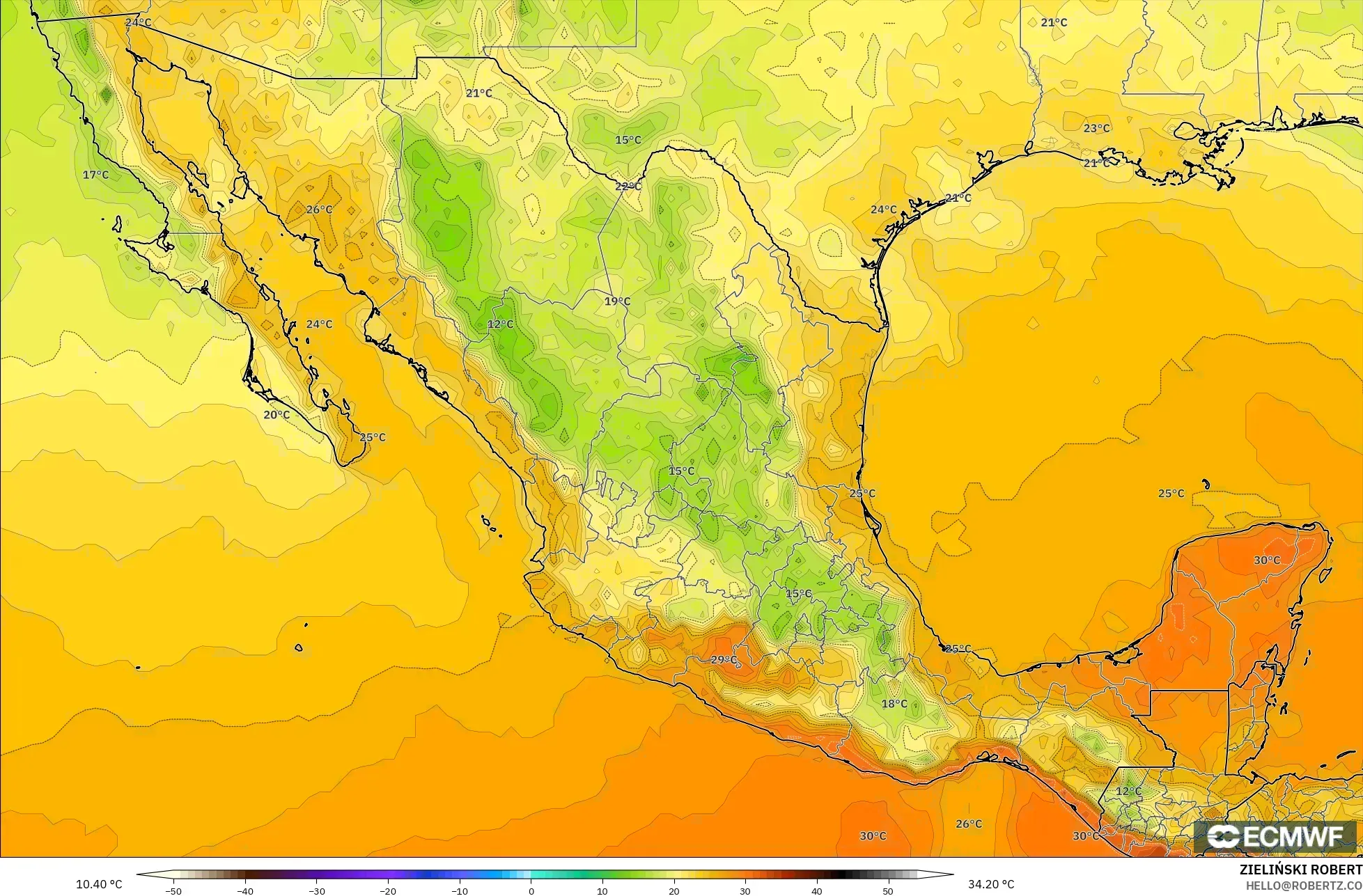 ECMWF IFS 0.25° model - Mexico, Temperature at 2m