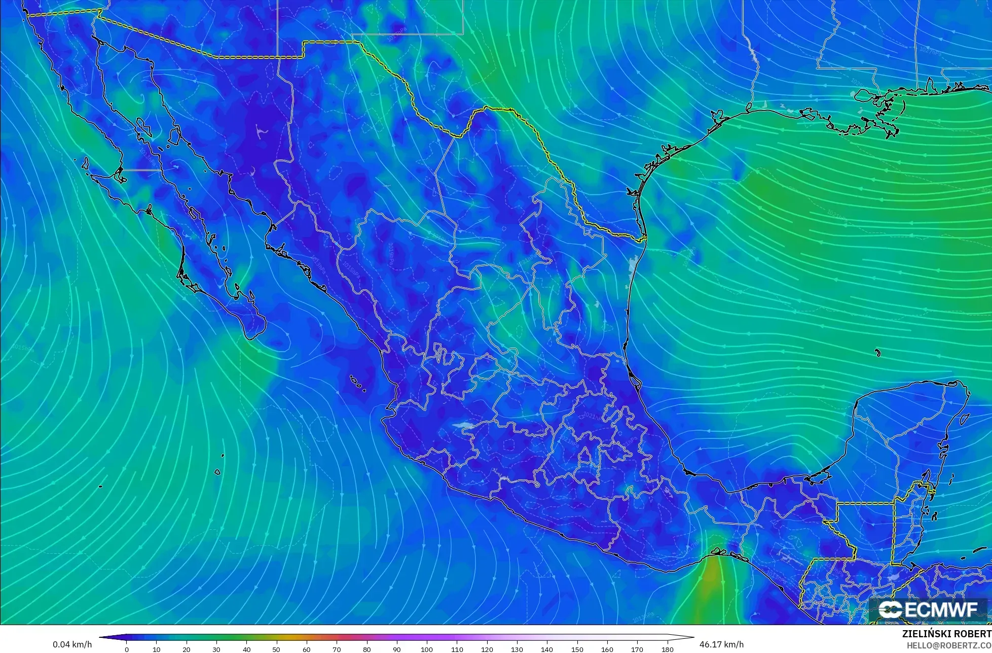 ECMWF IFS 0.25° model - Mexico, Wind at 10m