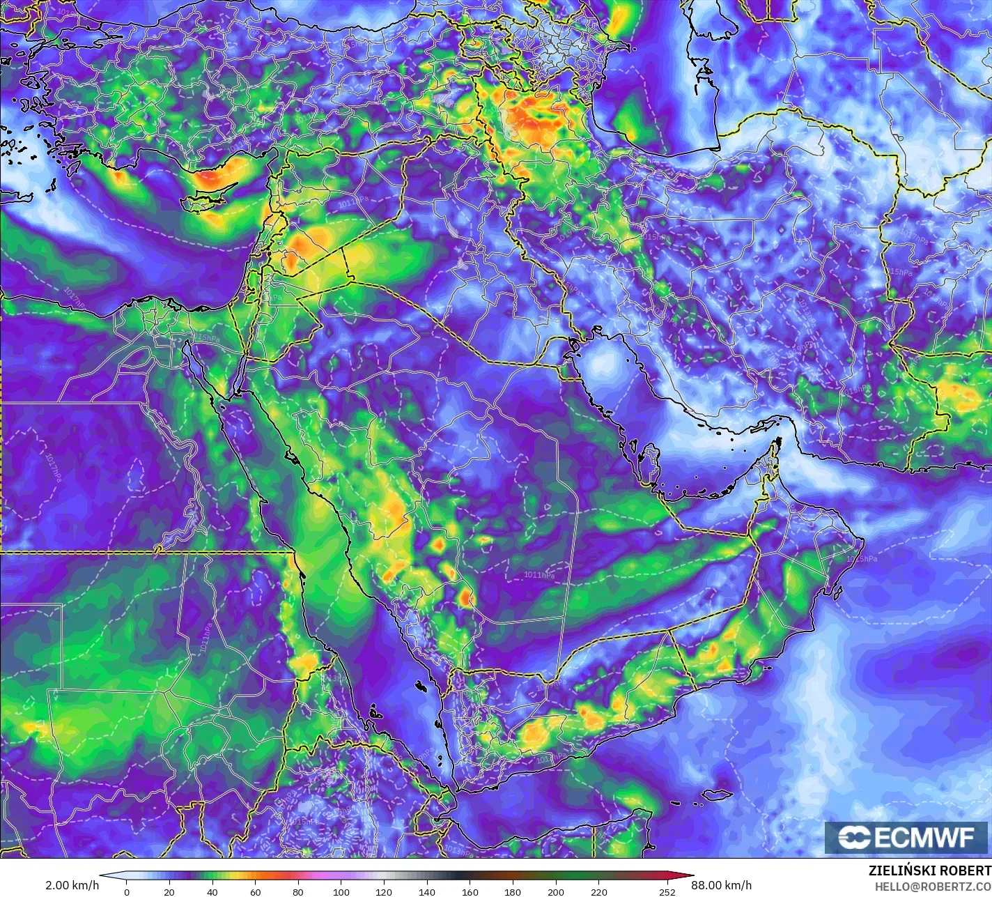ECMWF IFS 0.25° model - Middle East, Wind Gusts