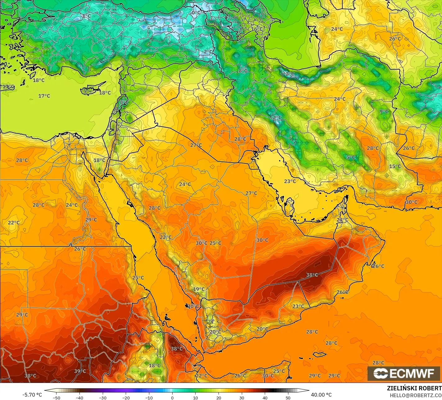 ECMWF IFS 0.25° model - Middle East, Temperature at 2m