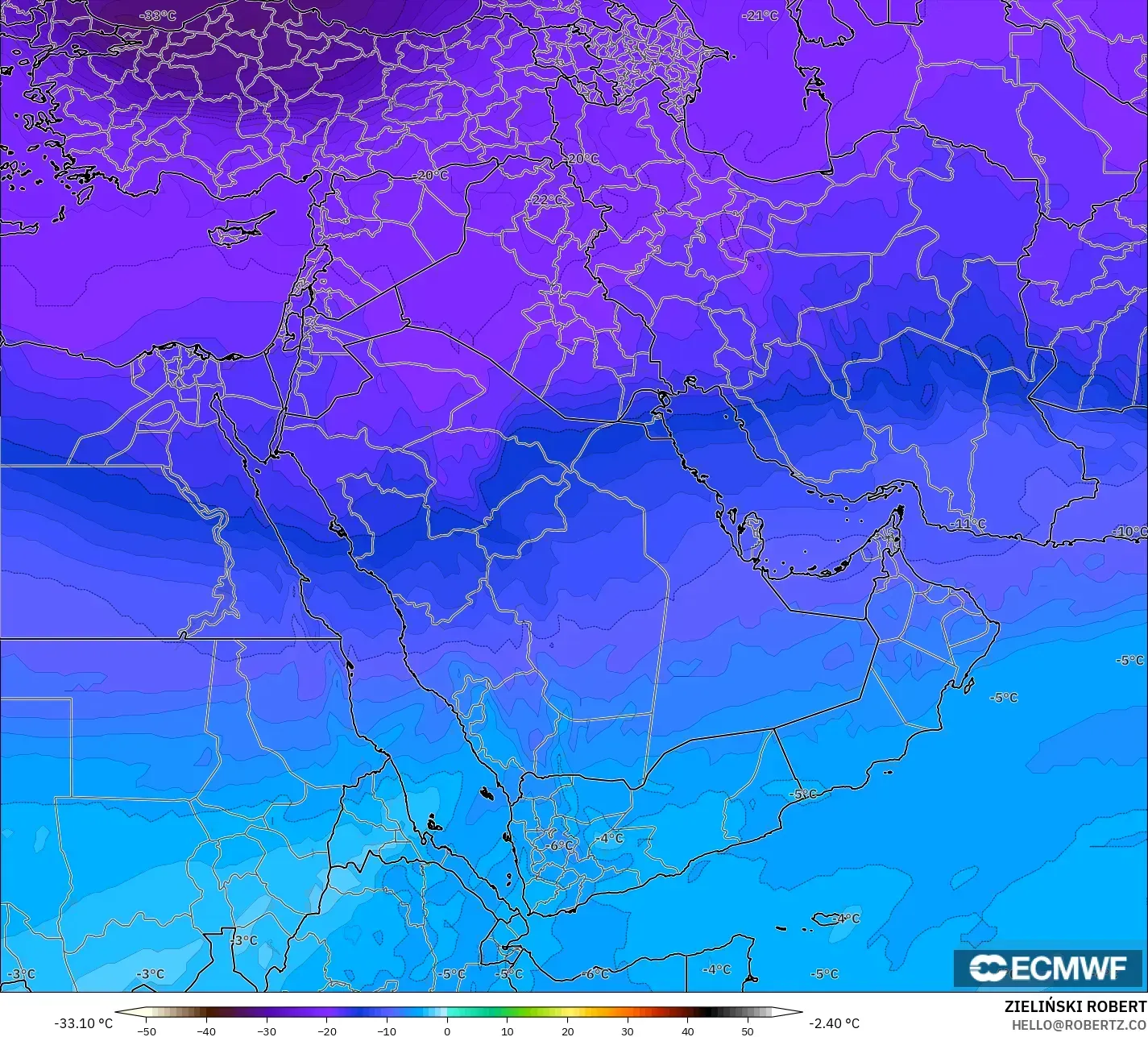 ECMWF IFS 0.25° model - Middle East, Temperature at 500hPa