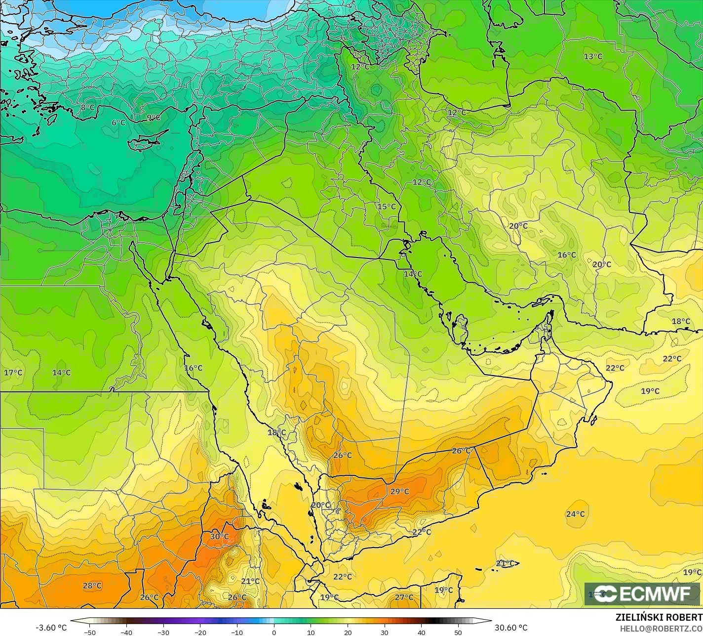 ECMWF IFS 0.25° model - Middle East, Temperature at 850hPa