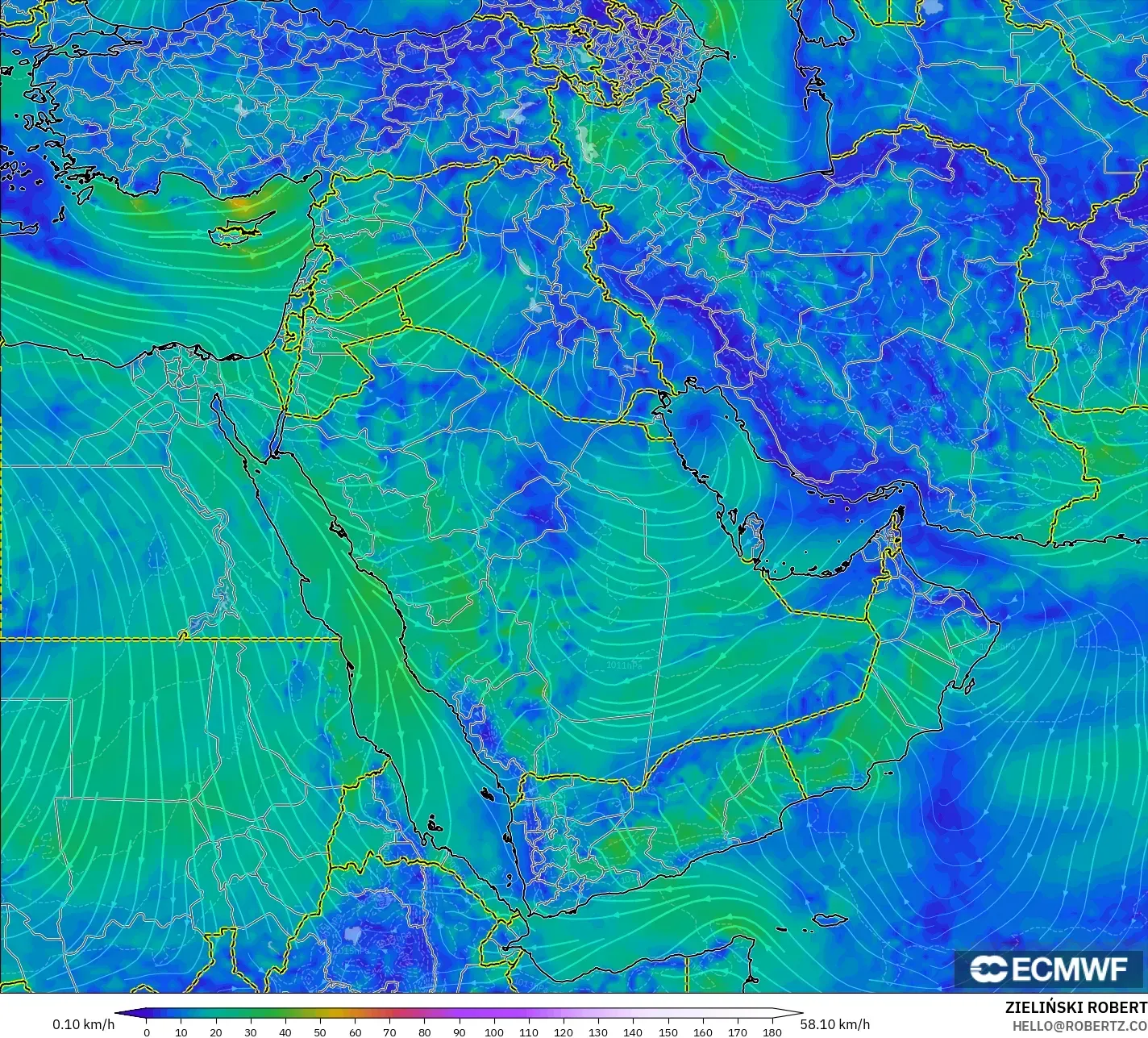 ECMWF IFS 0.25° model - Middle East, Wind at 10m