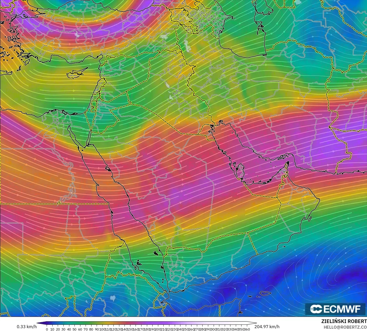 ECMWF IFS 0.25° model - Middle East, Wind at 300hPa (jet stream)