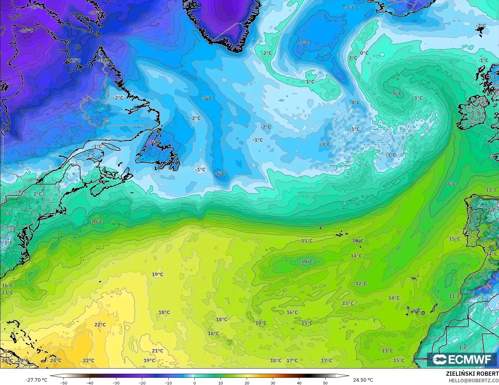 ECMWF IFS 0.25° model - North Atlantic, Dewpoint at 2m