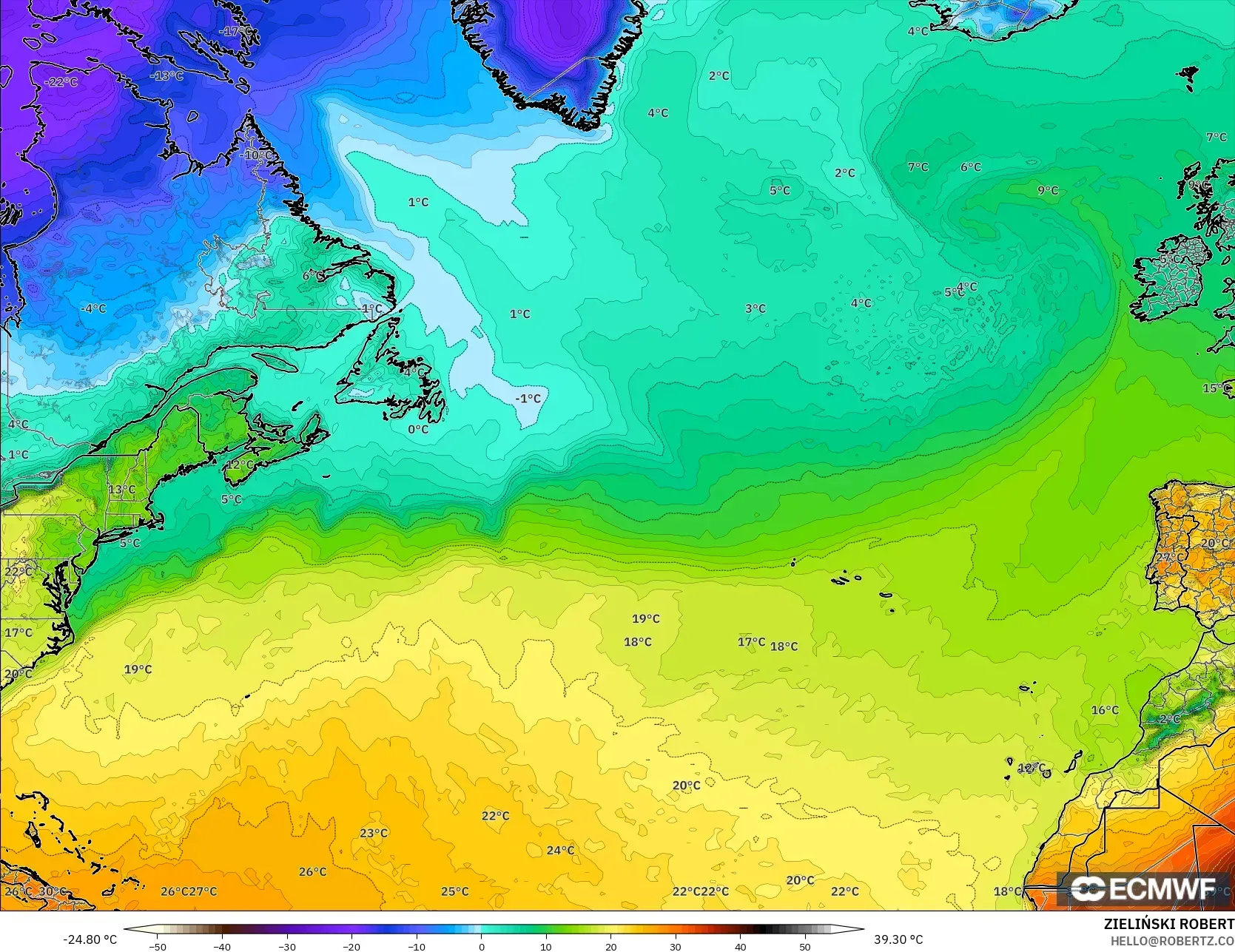 ECMWF IFS 0.25° model - North Atlantic, Temperature at 2m