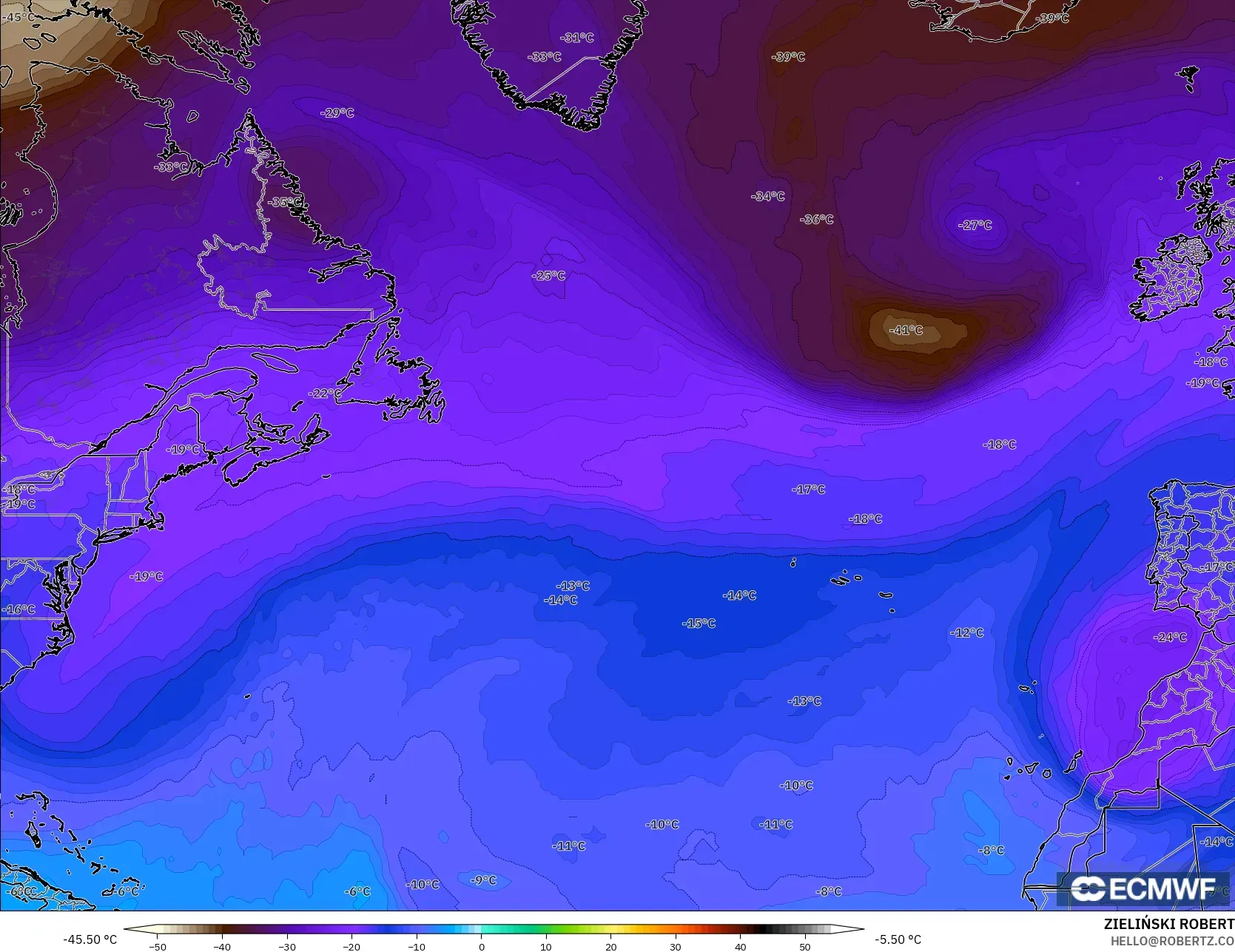 ECMWF IFS 0.25° model - North Atlantic, Temperature at 500hPa