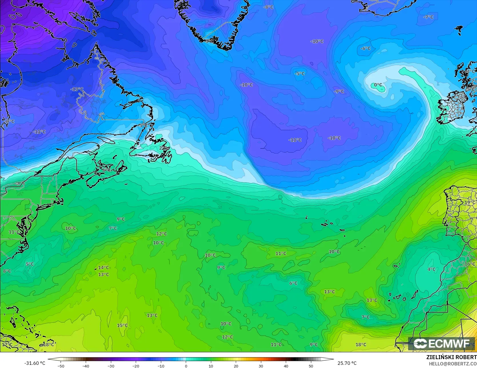 ECMWF IFS 0.25° model - North Atlantic, Temperature at 850hPa