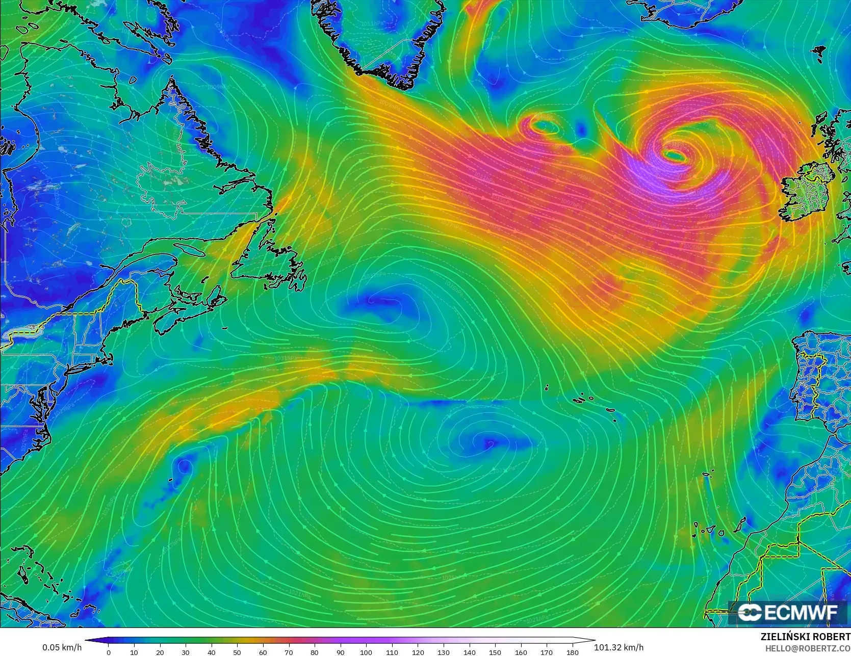 ECMWF IFS 0.25° model - North Atlantic, Wind at 10m