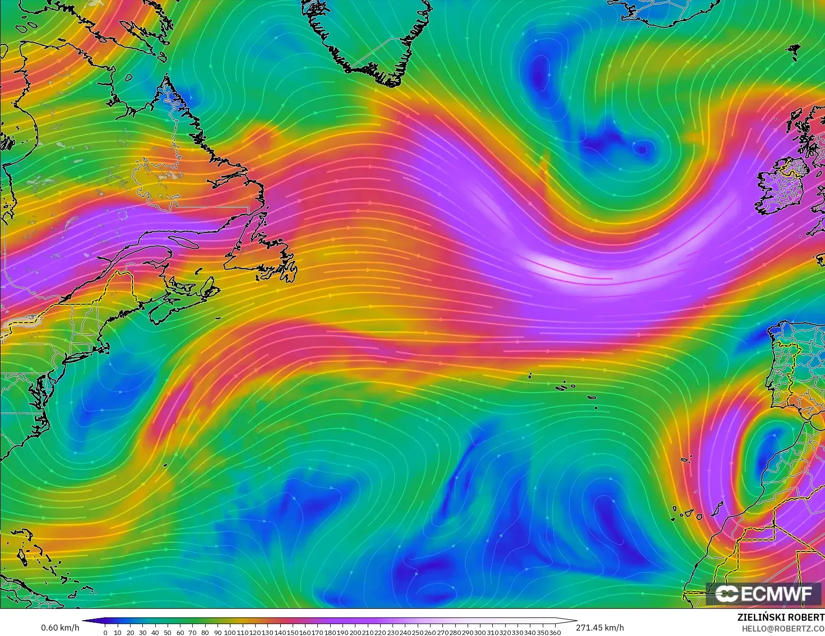 ECMWF IFS 0.25° model - North Atlantic, Wind at 300hPa (jet stream)