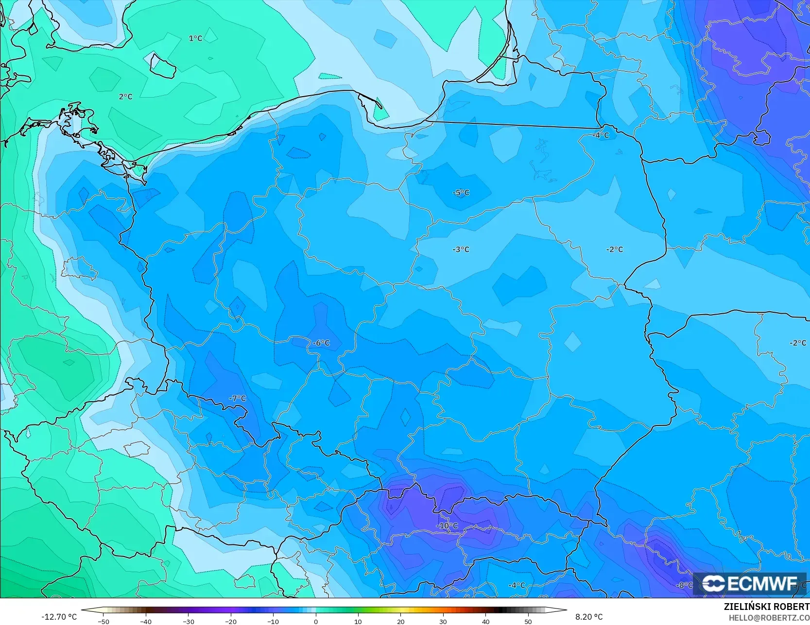 ECMWF IFS 0.25° model - Poland, Dewpoint at 2m