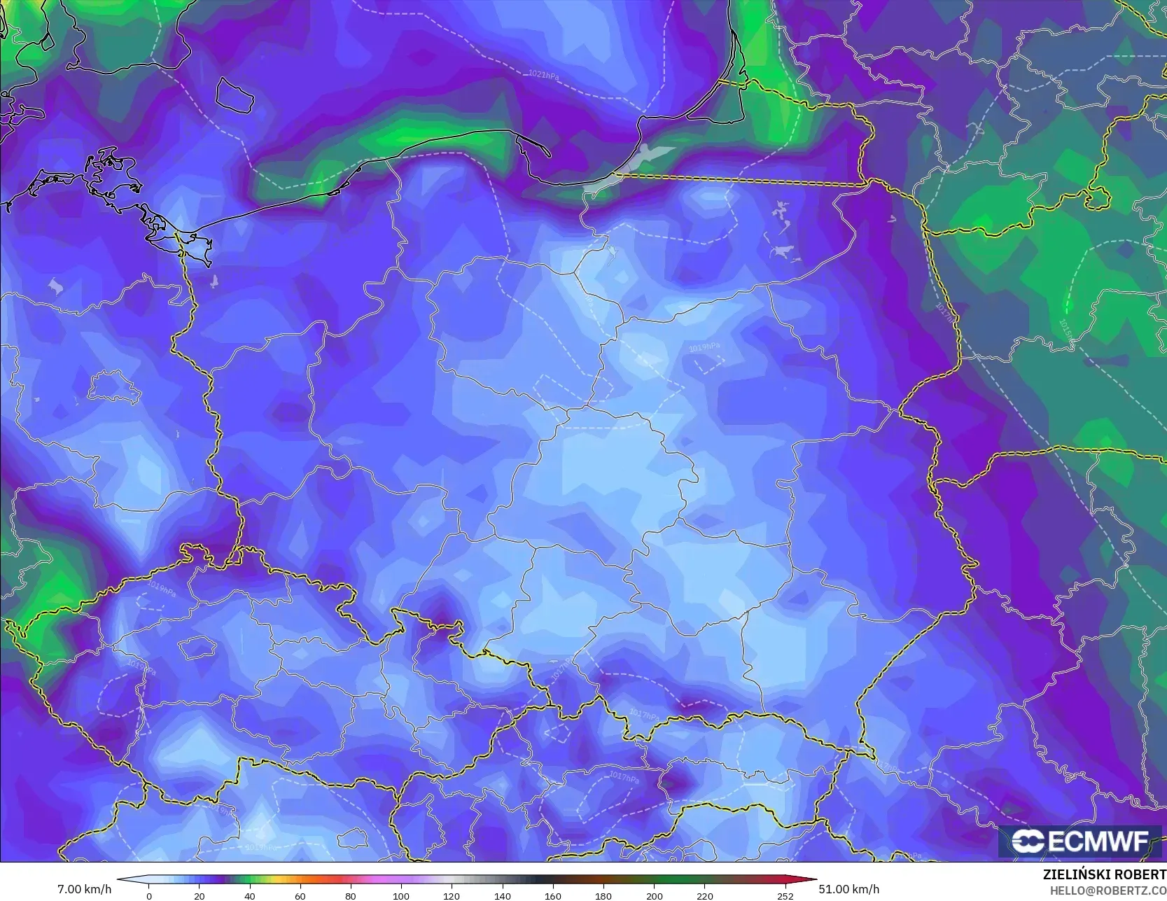 ECMWF IFS 0.25° model - Poland, Wind Gusts Peak