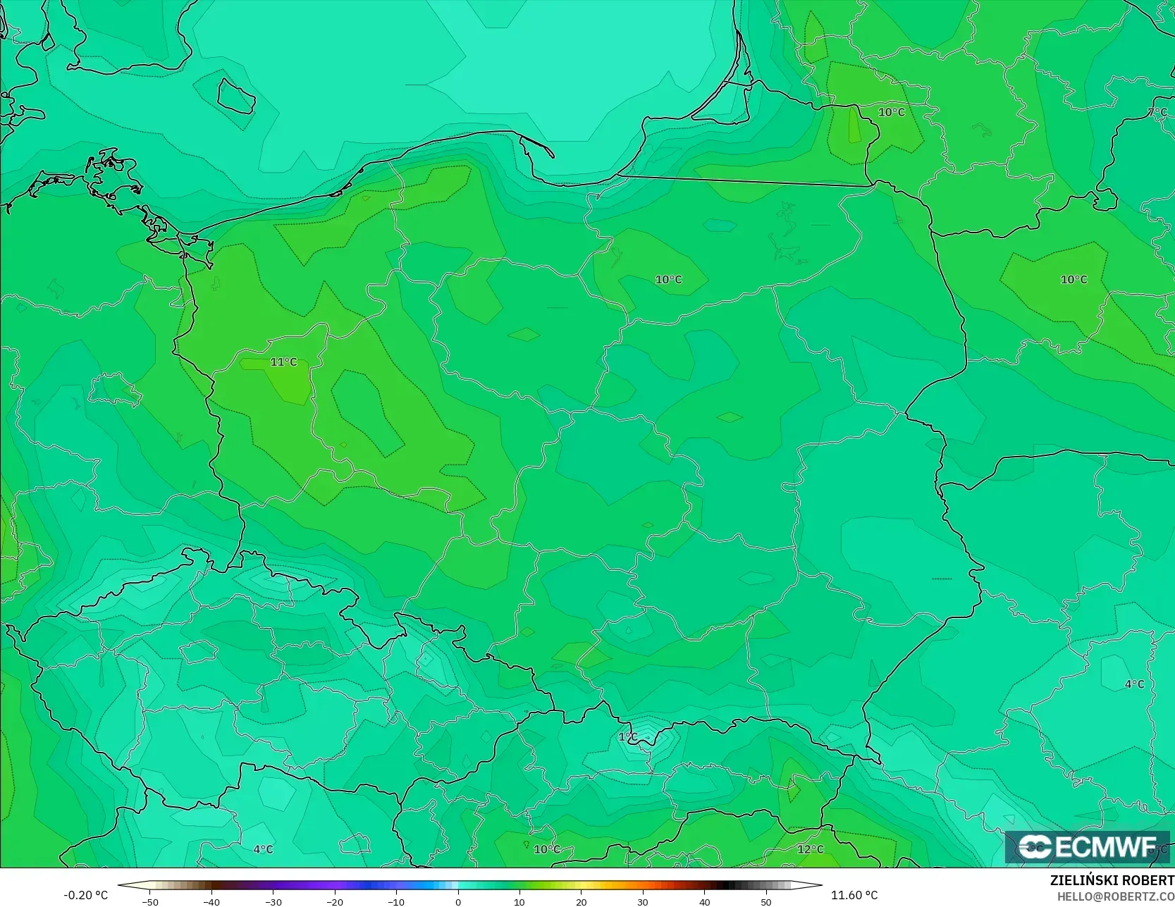 ECMWF IFS 0.25° model - Poland, Temperature at 2m