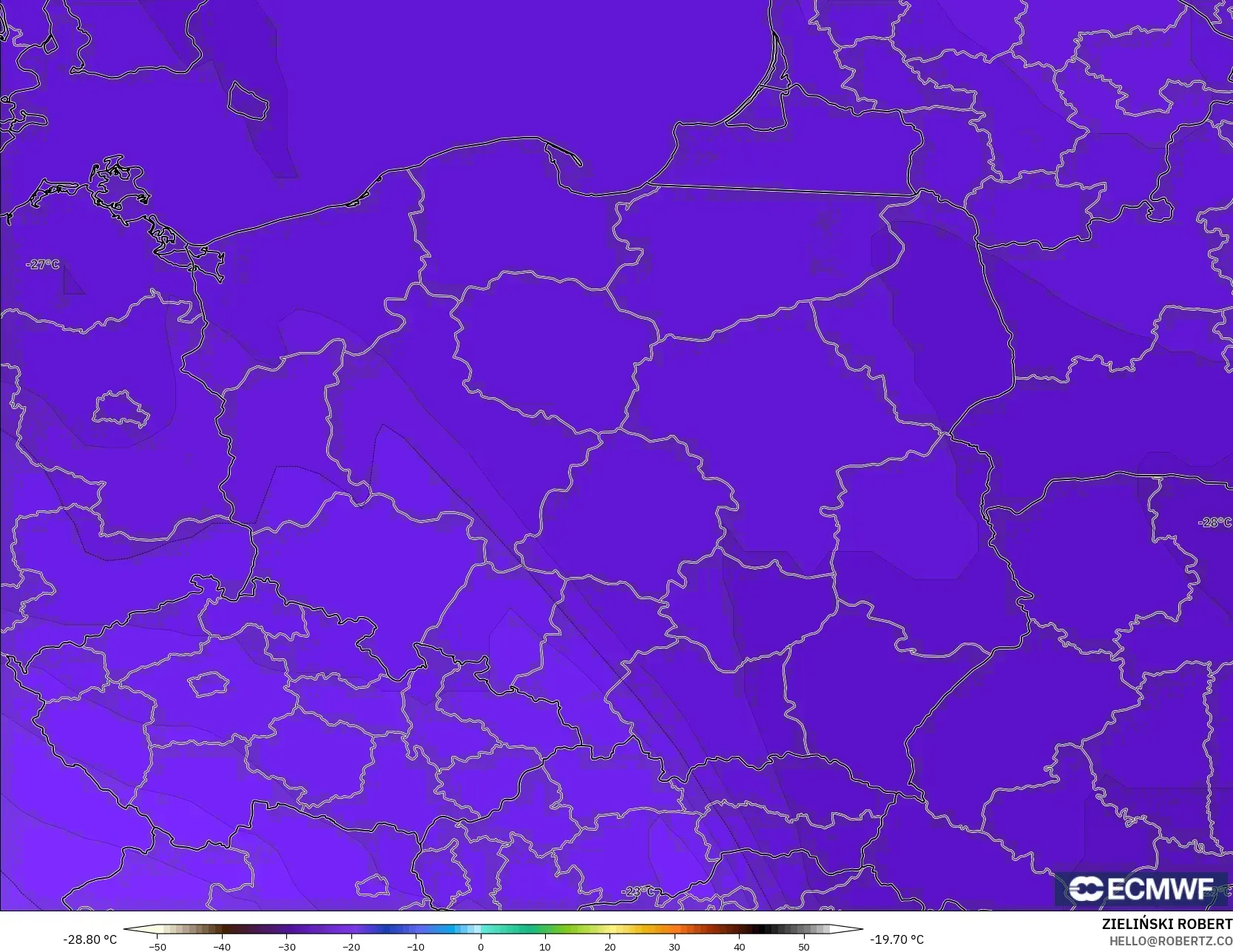 ECMWF IFS 0.25° model - Poland, Temperature at 500hPa