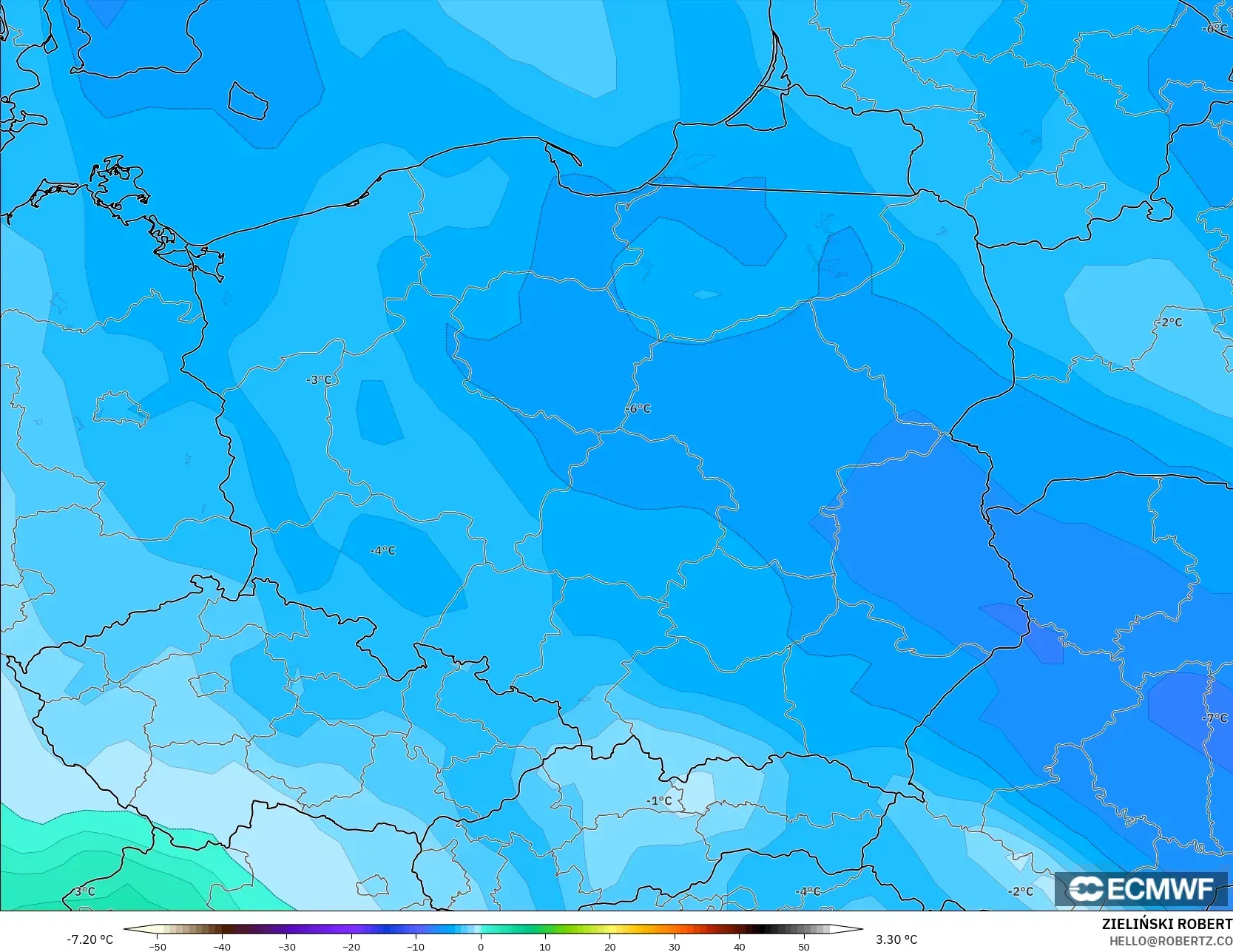 ECMWF IFS 0.25° model - Poland, Temperature at 850hPa