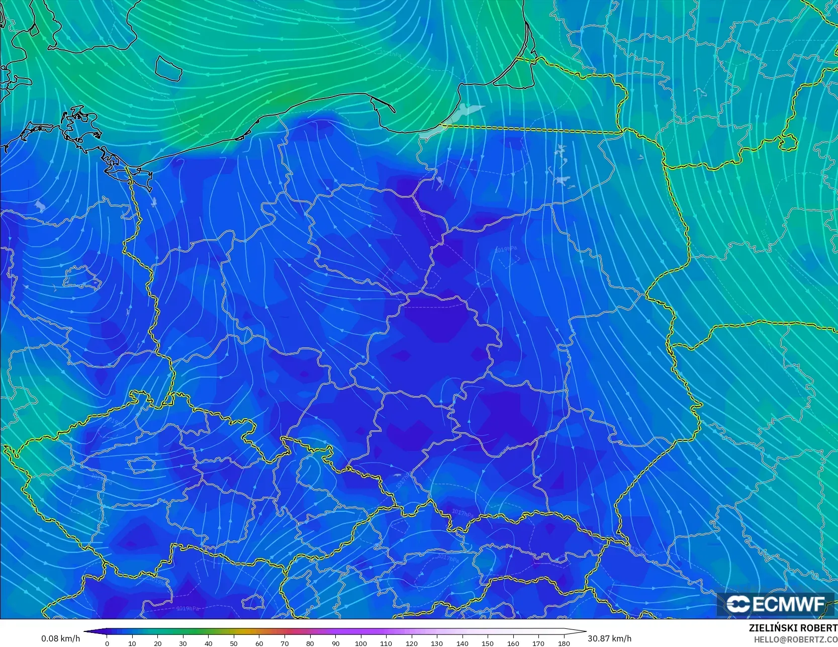 ECMWF IFS 0.25° model - Poland, Wind at 10m