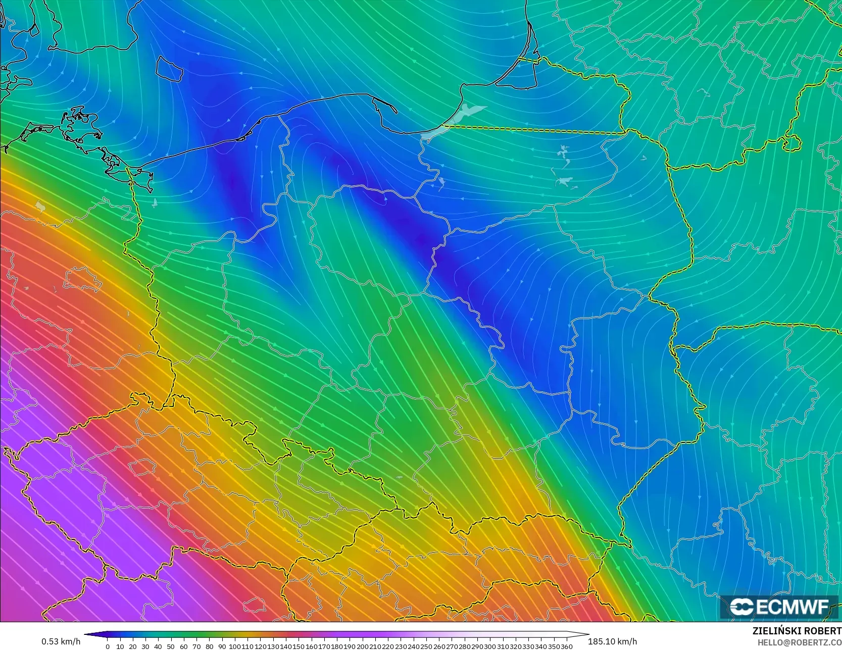 ECMWF IFS 0.25° model - Poland, Wind at 300hPa (jet stream)