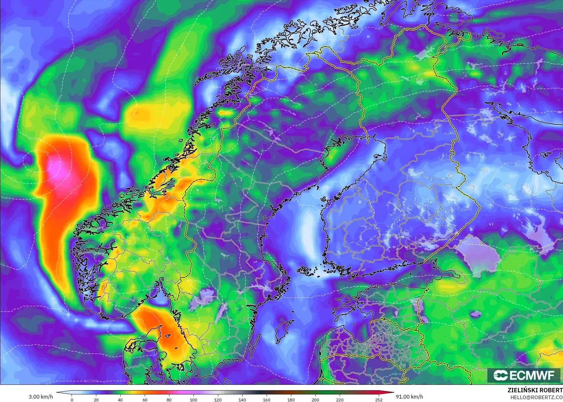 ECMWF IFS 0.25° model - Scandinavia, Wind Gusts