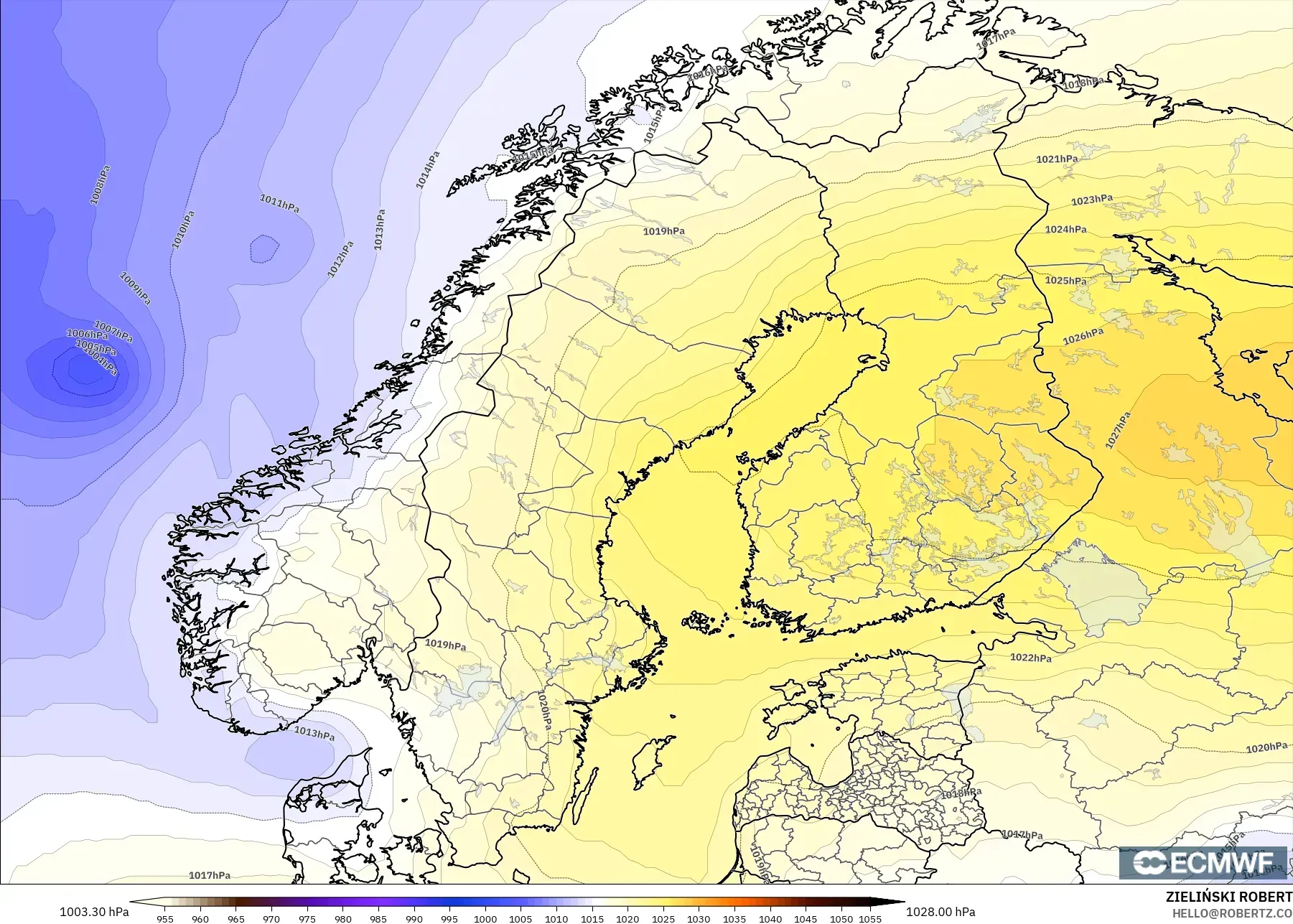 ECMWF IFS 0.25° model - Scandinavia, Pressure