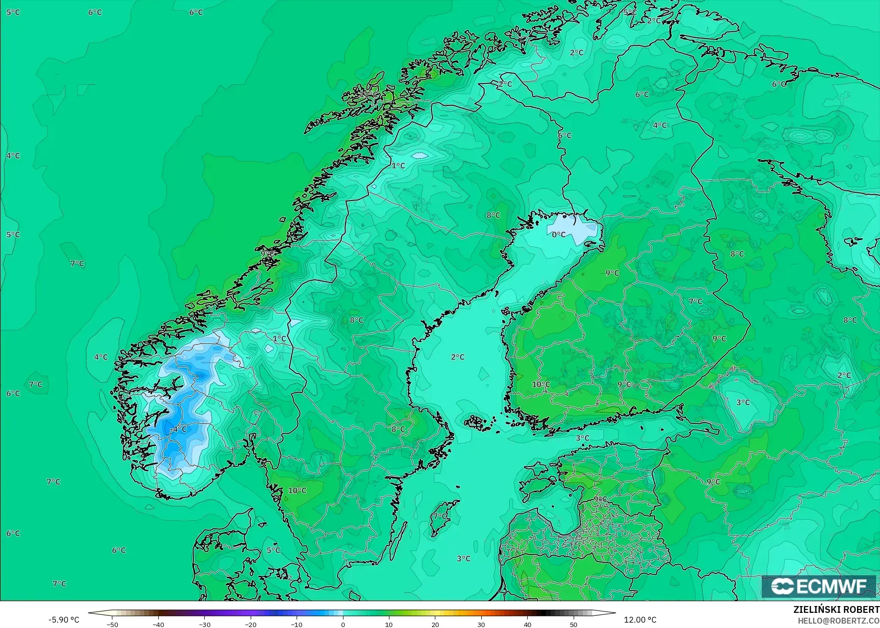 ECMWF IFS 0.25° model - Scandinavia, Temperature at 2m