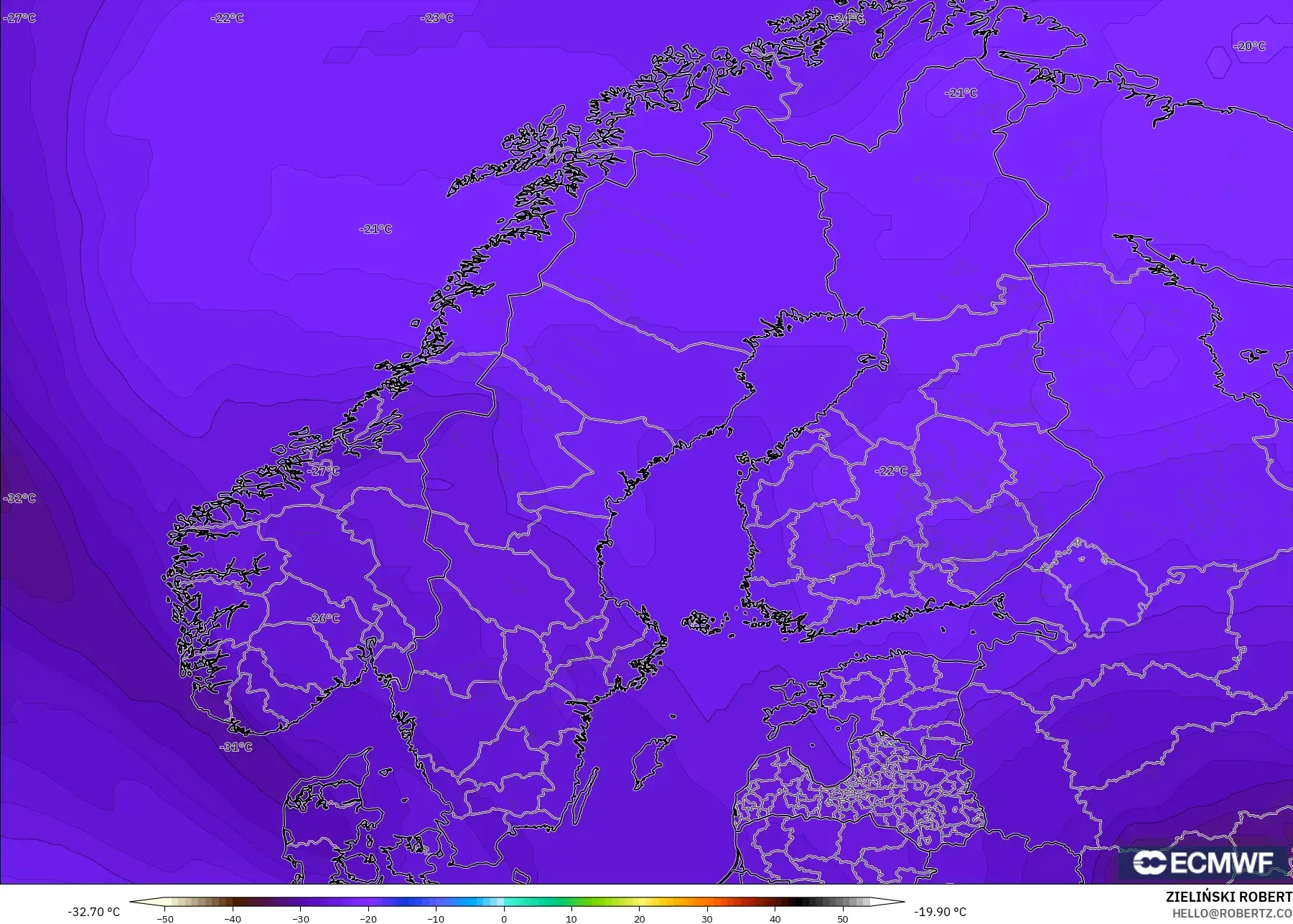 ECMWF IFS 0.25° model - Scandinavia, Temperature at 500hPa
