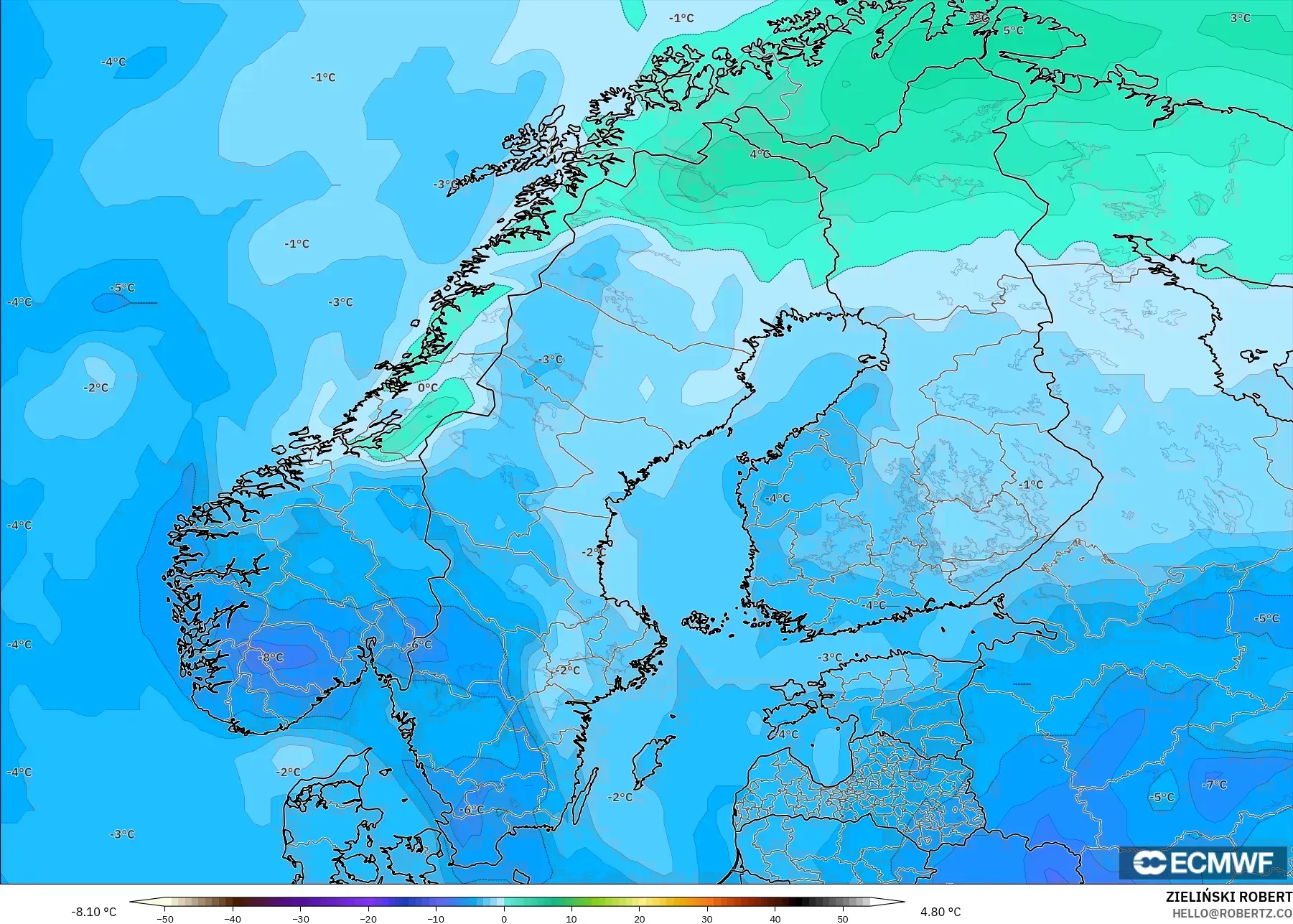 ECMWF IFS 0.25° model - Scandinavia, Temperature at 850hPa