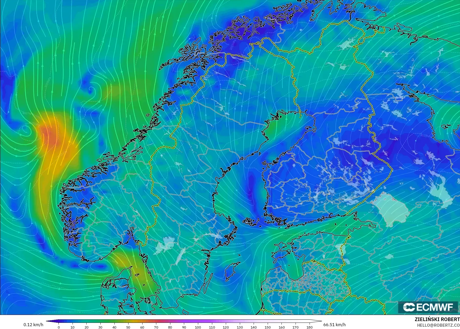ECMWF IFS 0.25° model - Scandinavia, Wind at 10m