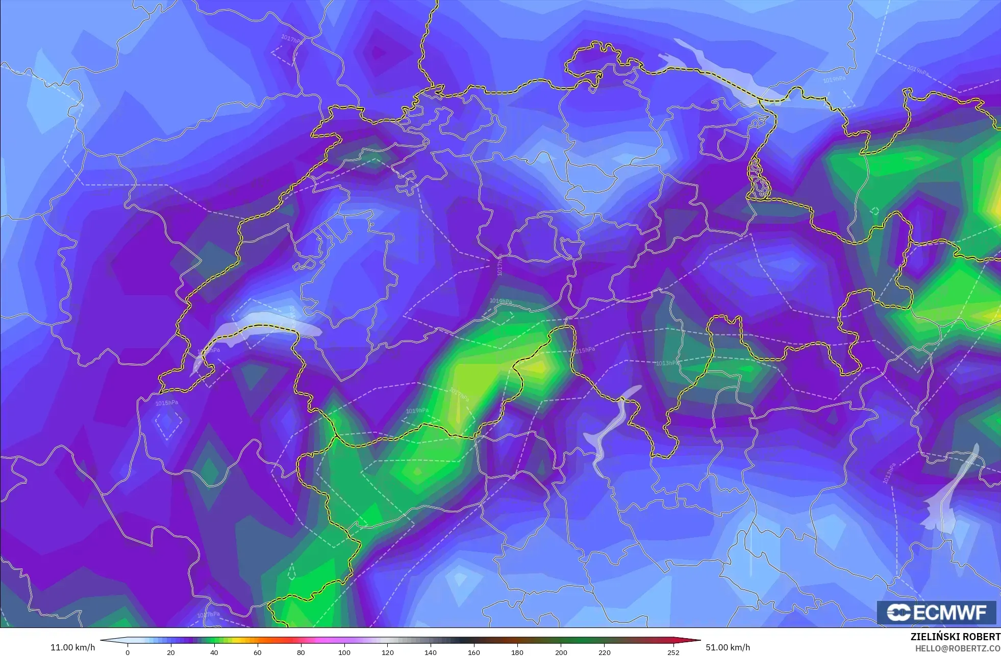 ECMWF IFS 0.25° model - Switzerland, Wind Gusts Peak