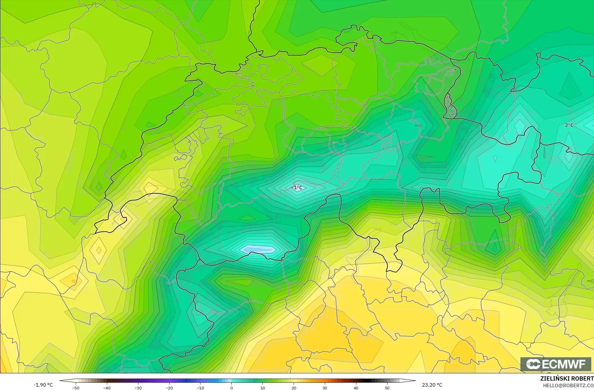 ECMWF IFS 0.25° model - Switzerland, Temperature at 2m
