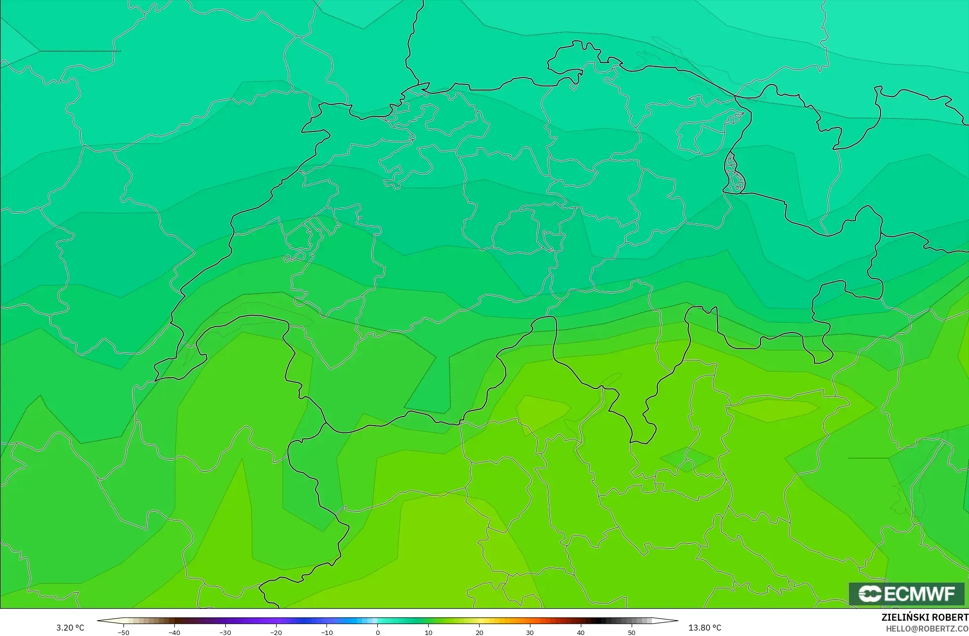 ECMWF IFS 0.25° model - Switzerland, Temperature at 850hPa
