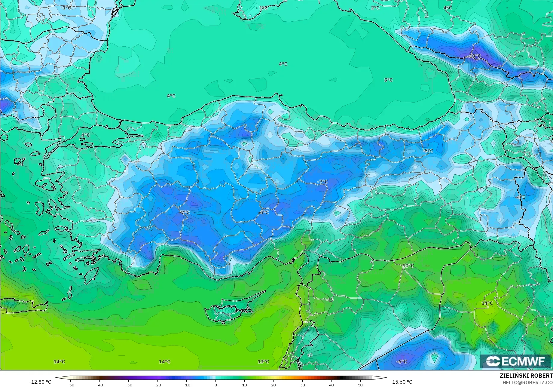 ECMWF IFS 0.25° model - Turkey, Dewpoint at 2m