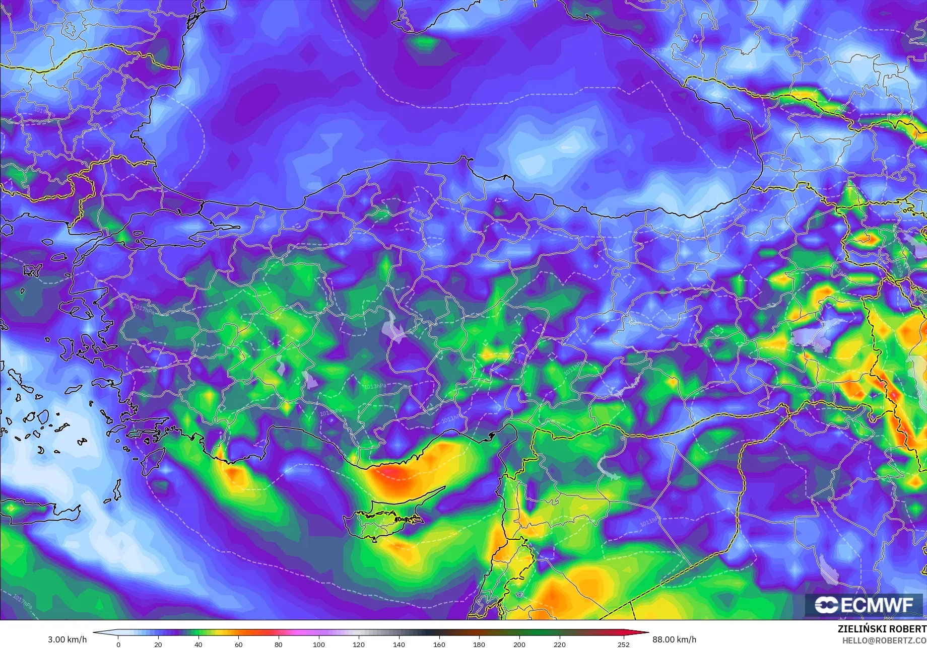 ECMWF IFS 0.25° model - Turkey, Wind Gusts