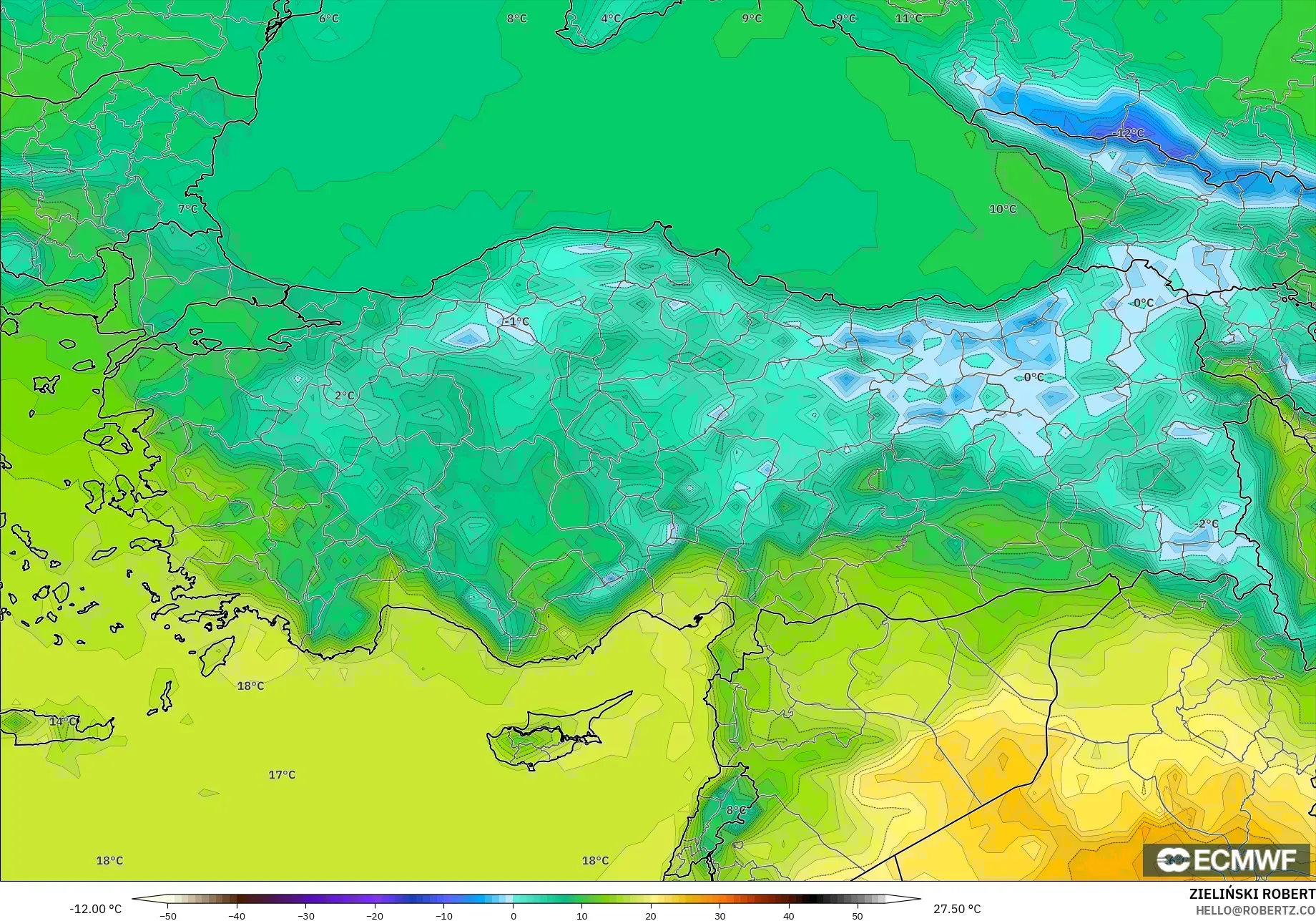 ECMWF IFS 0.25° model - Turkey, Temperature at 2m