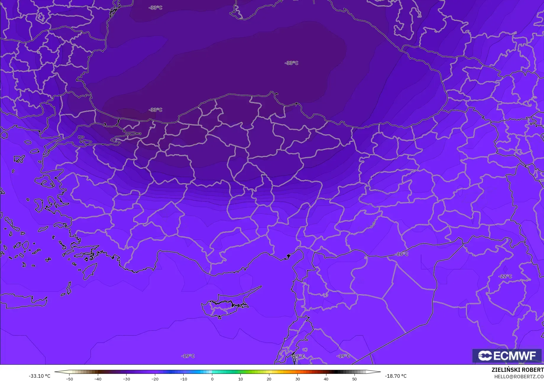 ECMWF IFS 0.25° model - Turkey, Temperature at 500hPa
