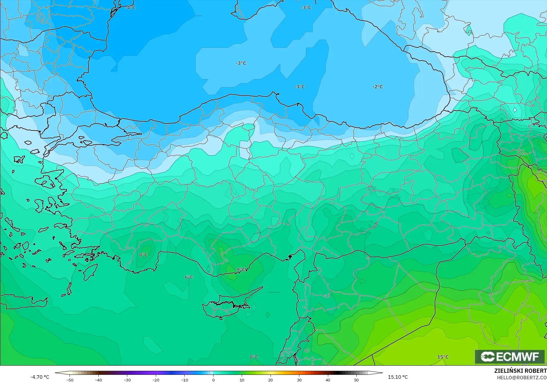 ECMWF IFS 0.25° model - Turkey, Temperature at 850hPa