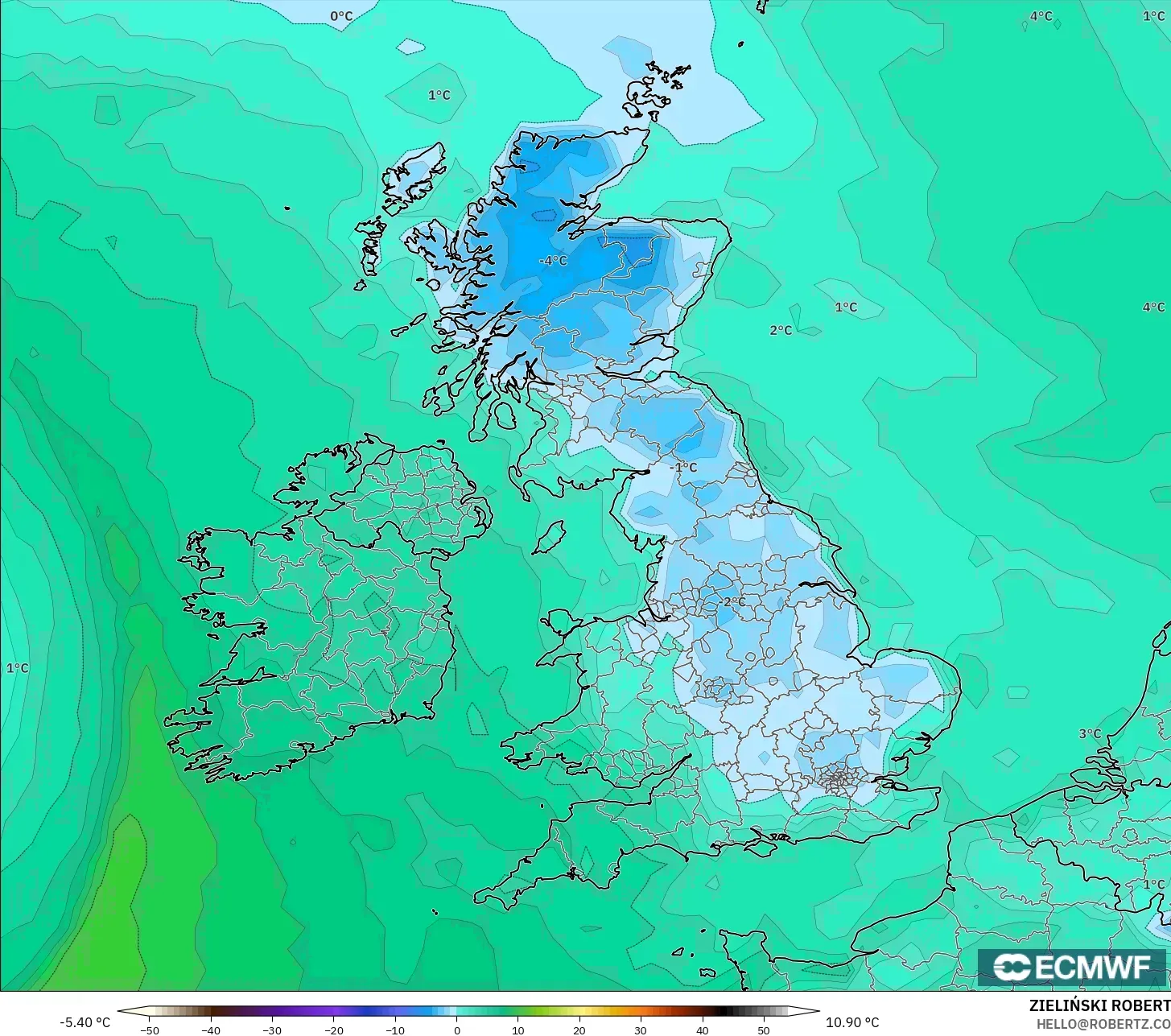 ECMWF IFS 0.25° model - United Kingdom, Dewpoint at 2m