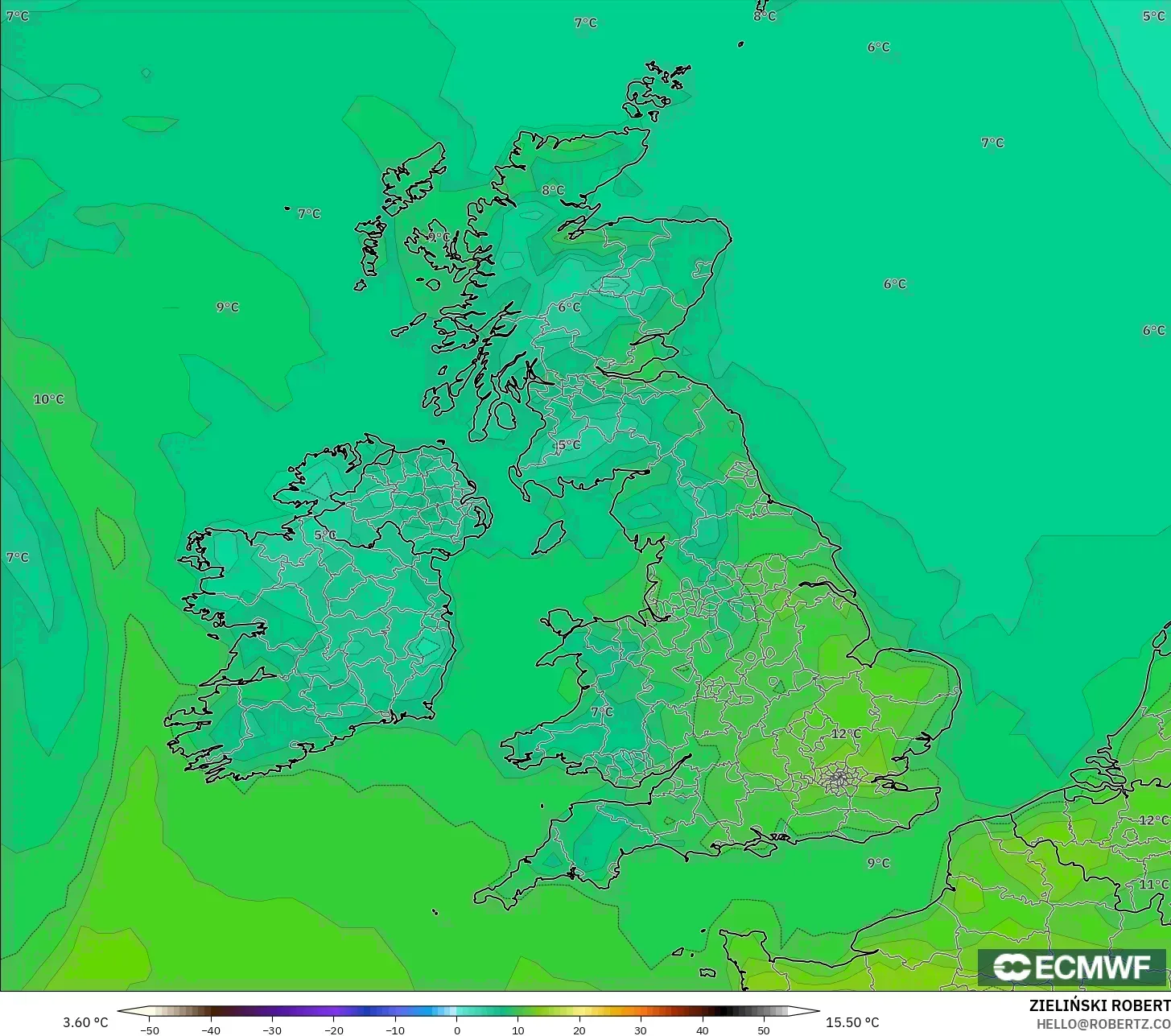 ECMWF IFS 0.25° model - United Kingdom, Temperature at 2m