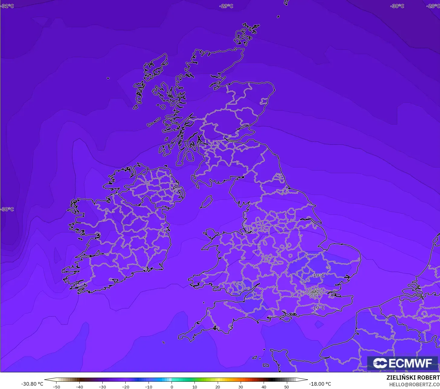 ECMWF IFS 0.25° model - United Kingdom, Temperature at 500hPa
