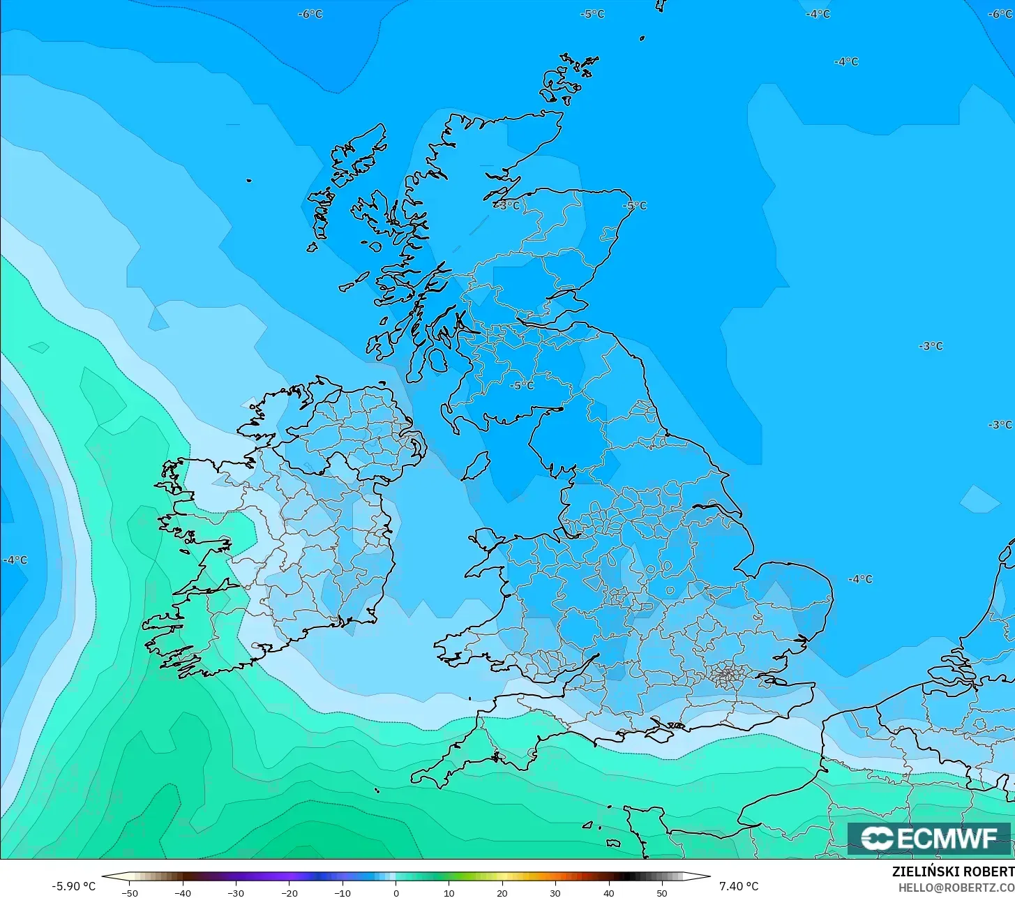 ECMWF IFS 0.25° model - United Kingdom, Temperature at 850hPa