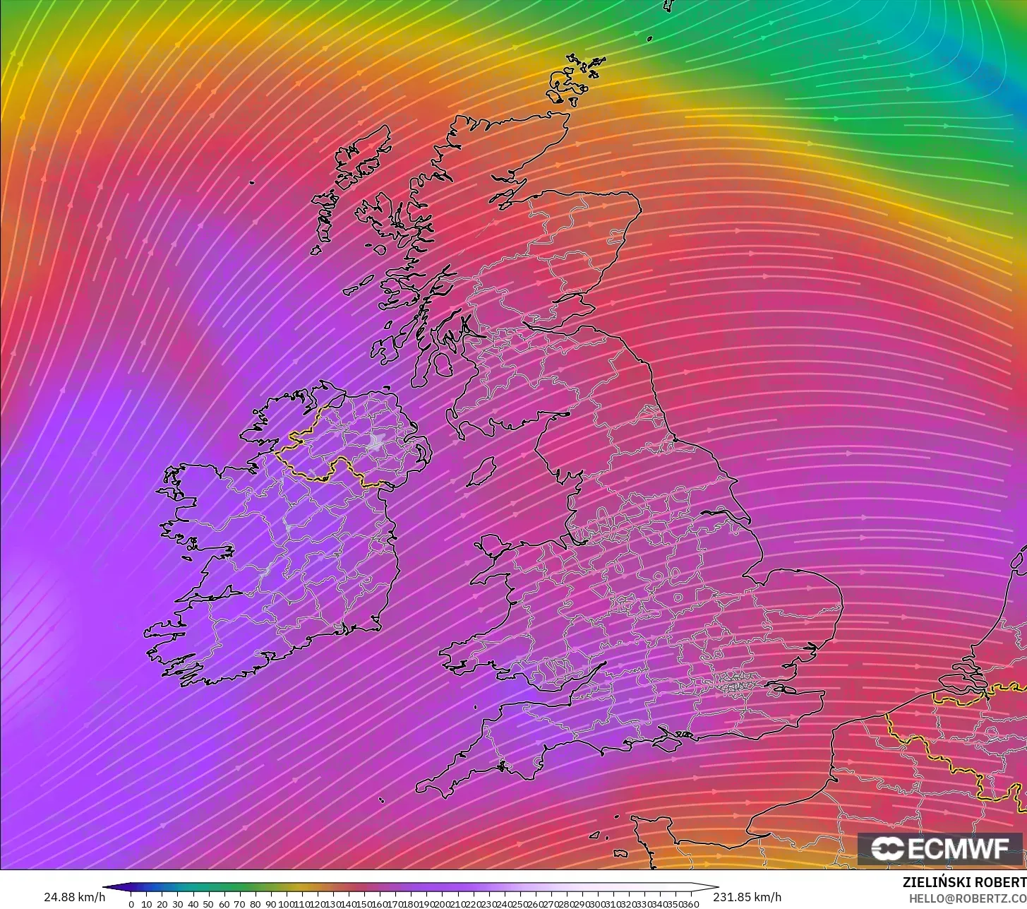 ECMWF IFS 0.25° model - United Kingdom, Wind at 300hPa (jet stream)