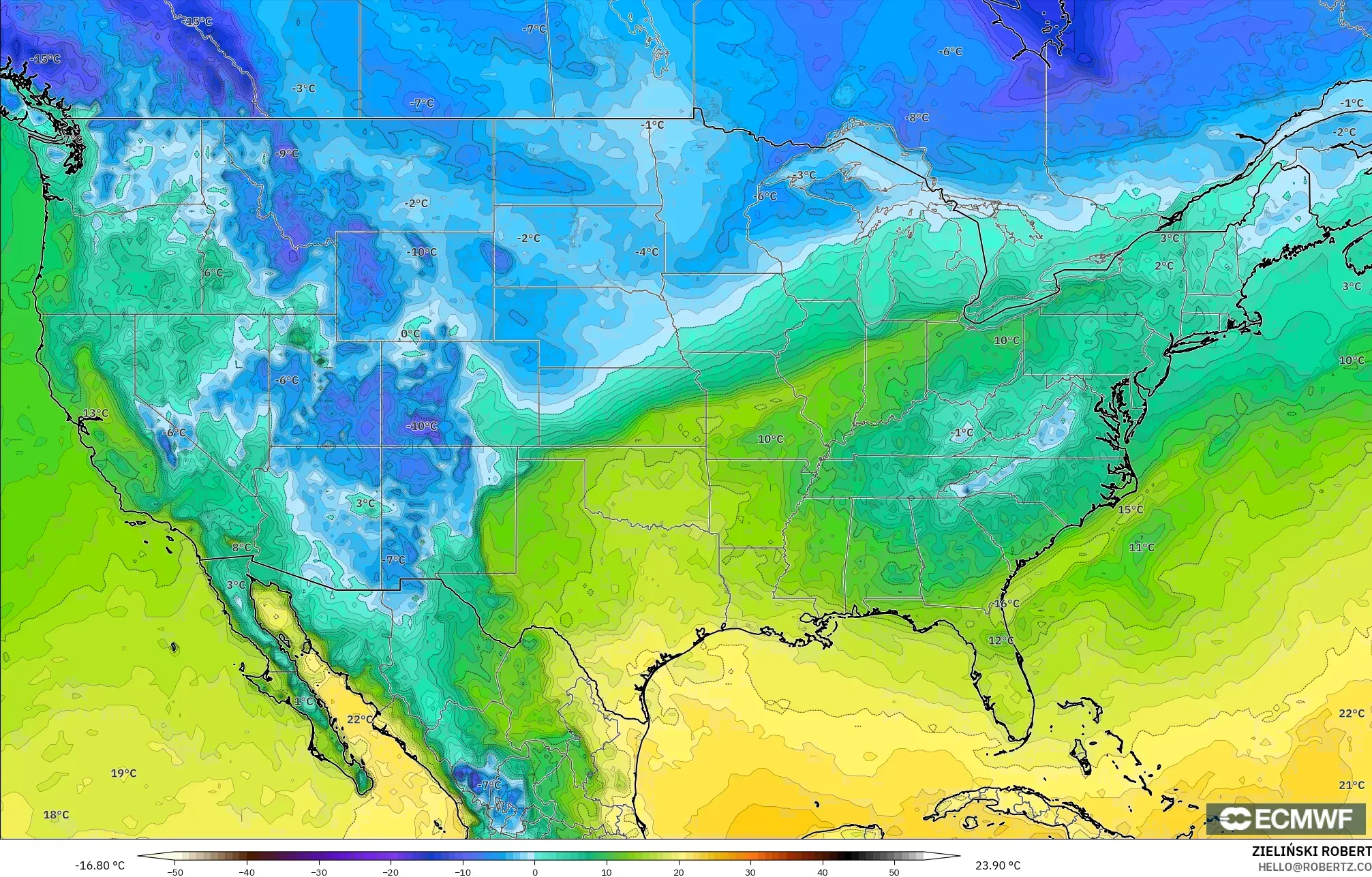 ECMWF IFS 0.25° model - United States, Dewpoint at 2m
