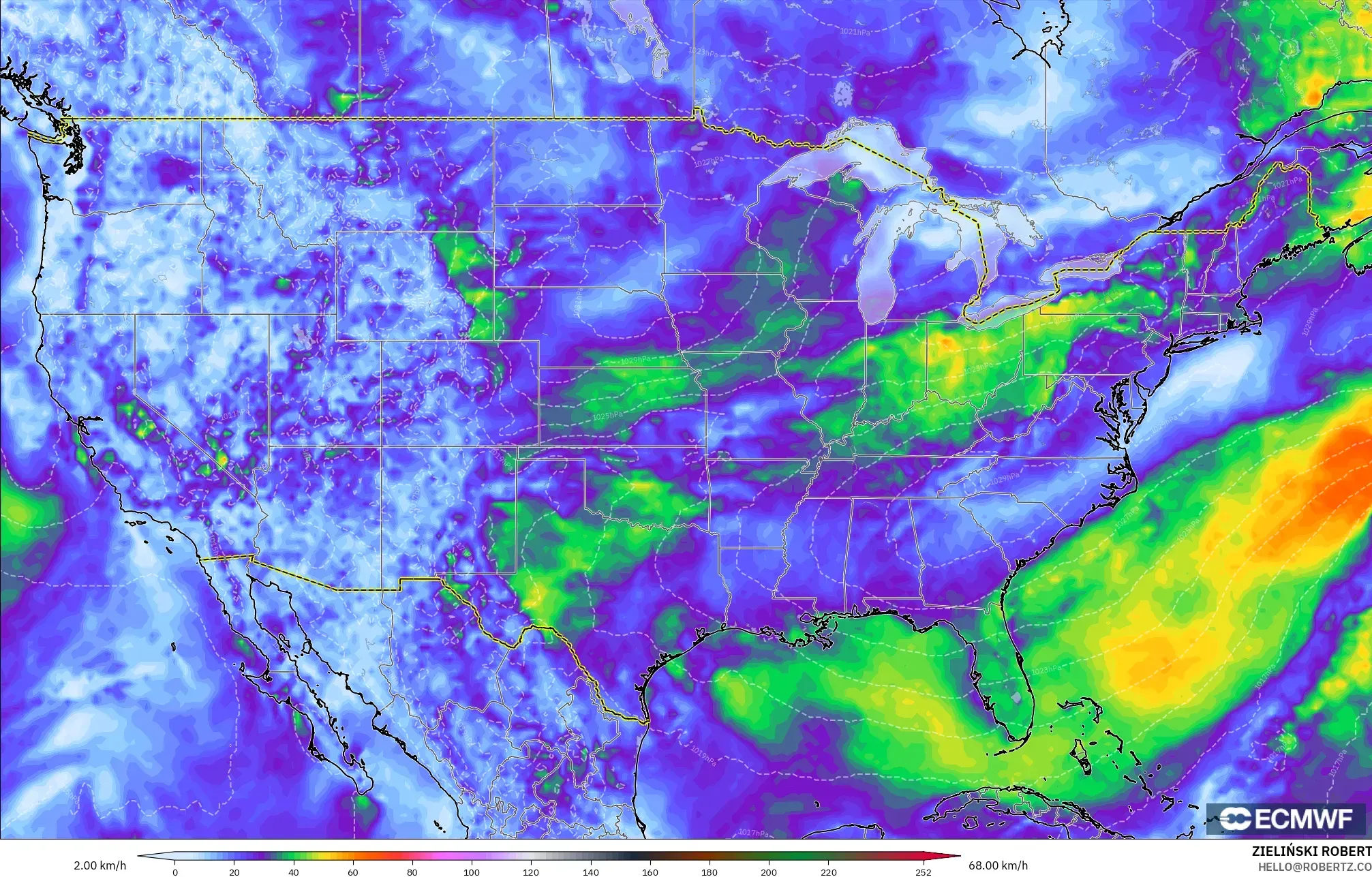 ECMWF IFS 0.25° model - United States, Wind Gusts Peak