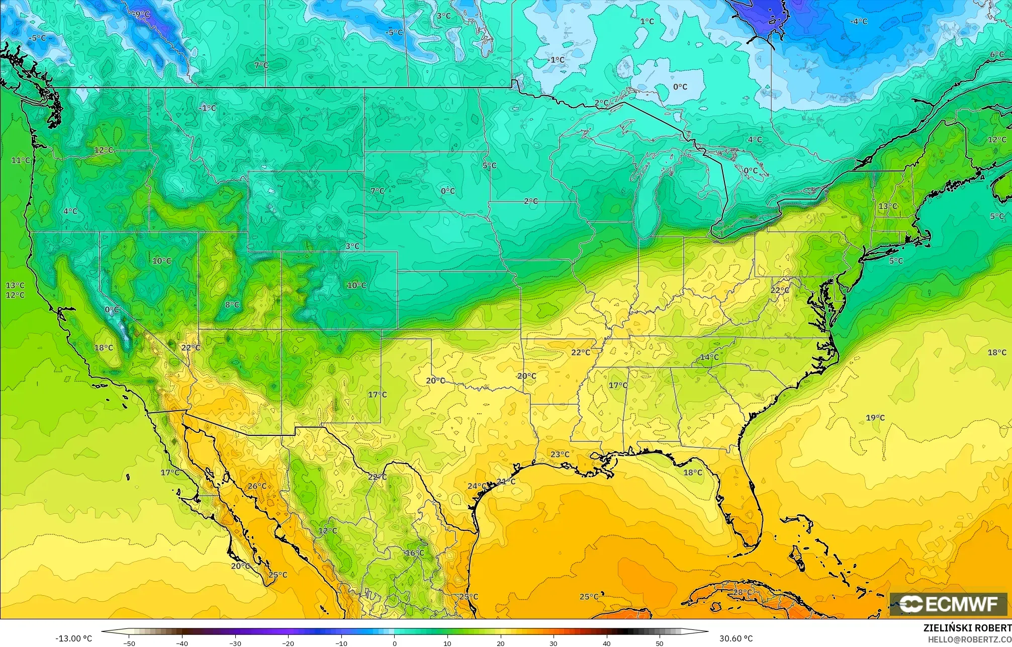 ECMWF IFS 0.25° model - United States, Temperature at 2m