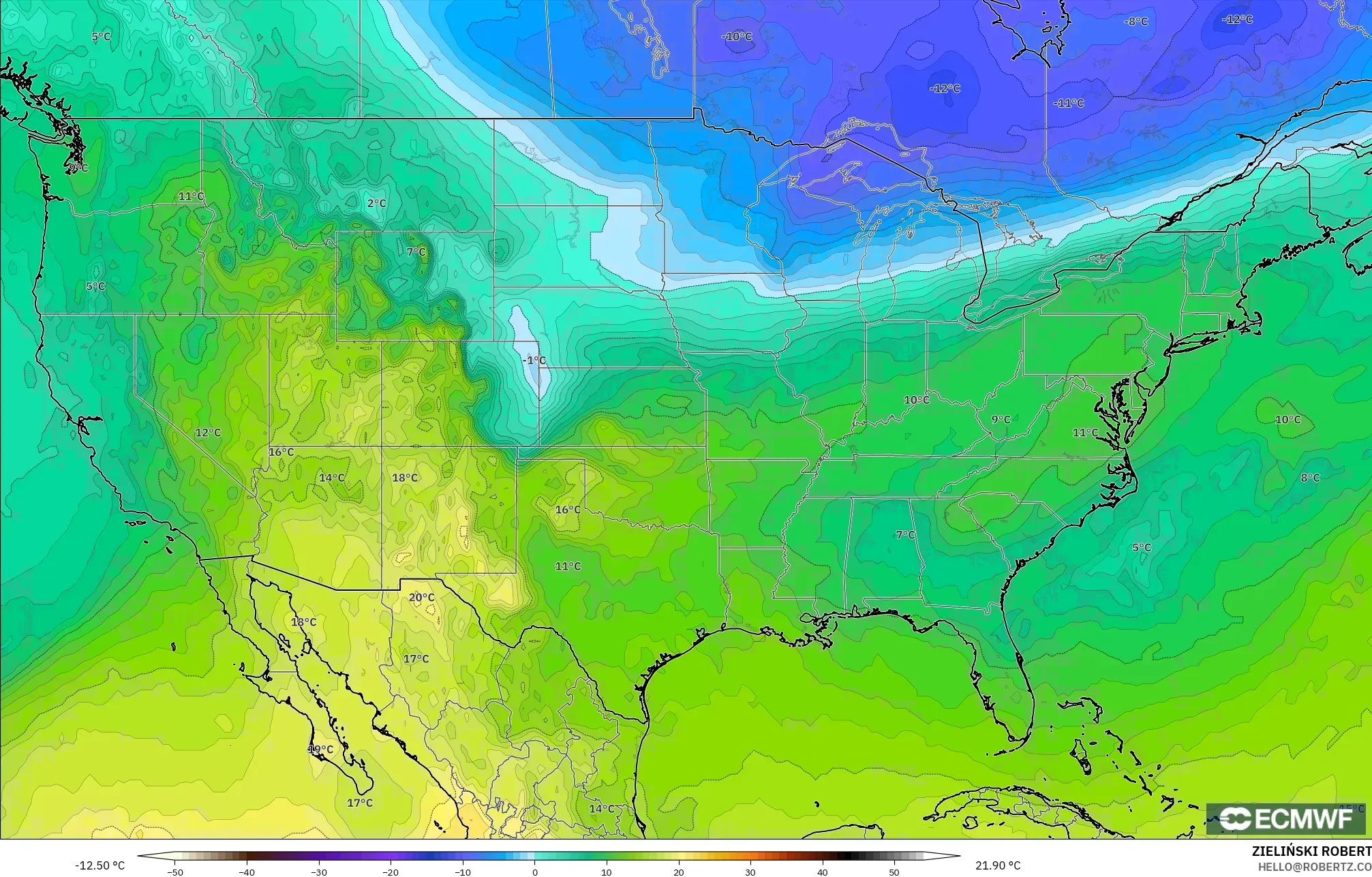 ECMWF IFS 0.25° model - United States, Temperature at 850hPa