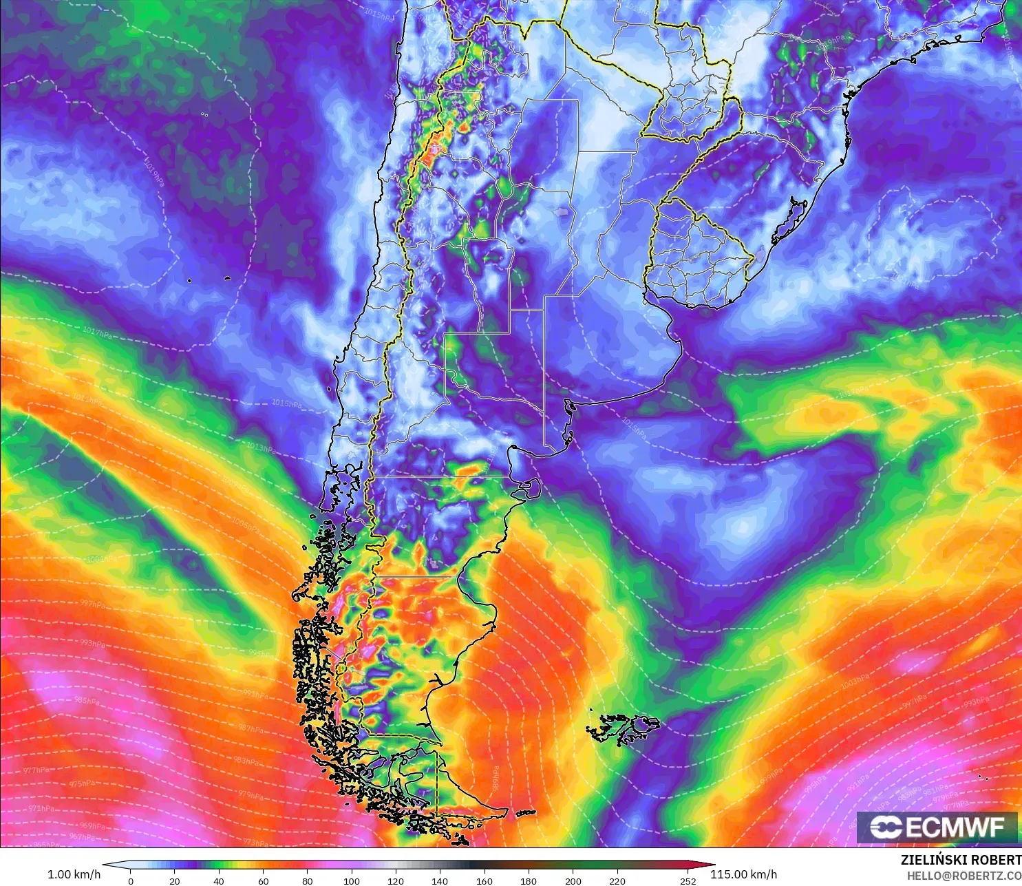 ECMWF IFS 0.25° model - Argentina, Wind Gusts Peak